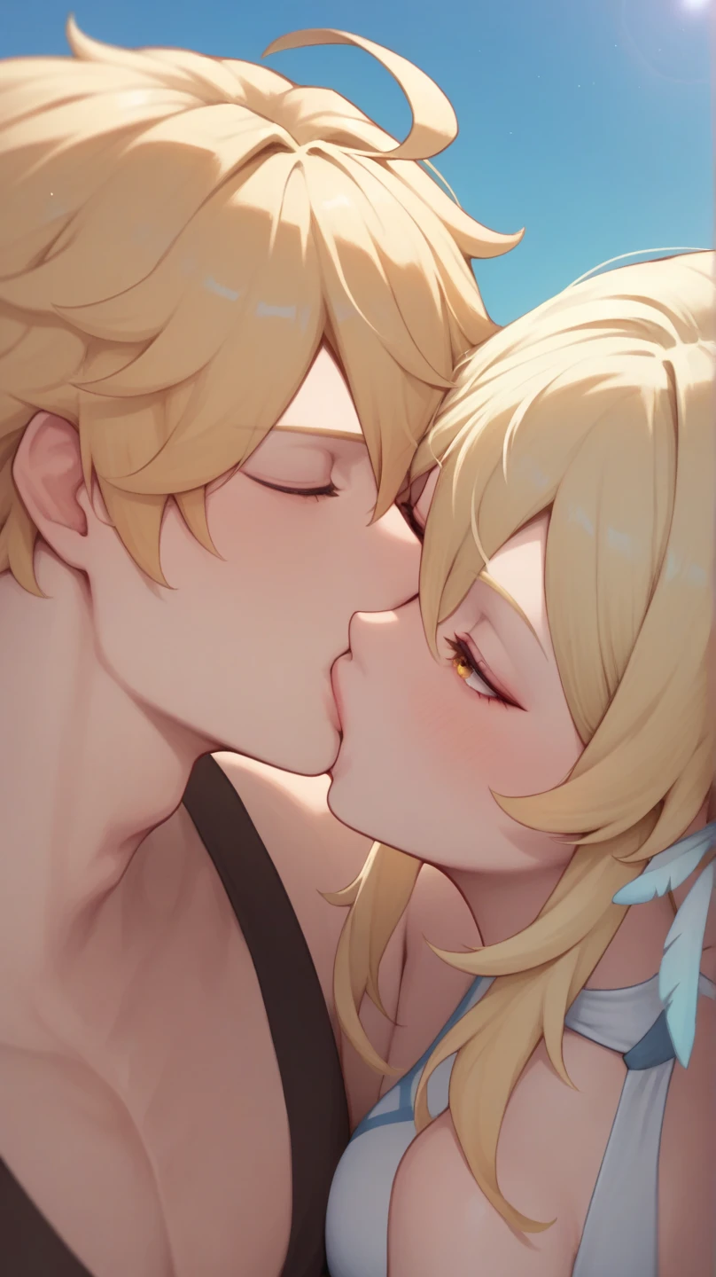 nsfw,(two male daughters),blonde low twintails,(naked),((Penis in the crotch)),Embarrassed expression,Side view,Sweat,White Breath,((Breastfeeding Handjob)),Ahegao,((ejaculation))