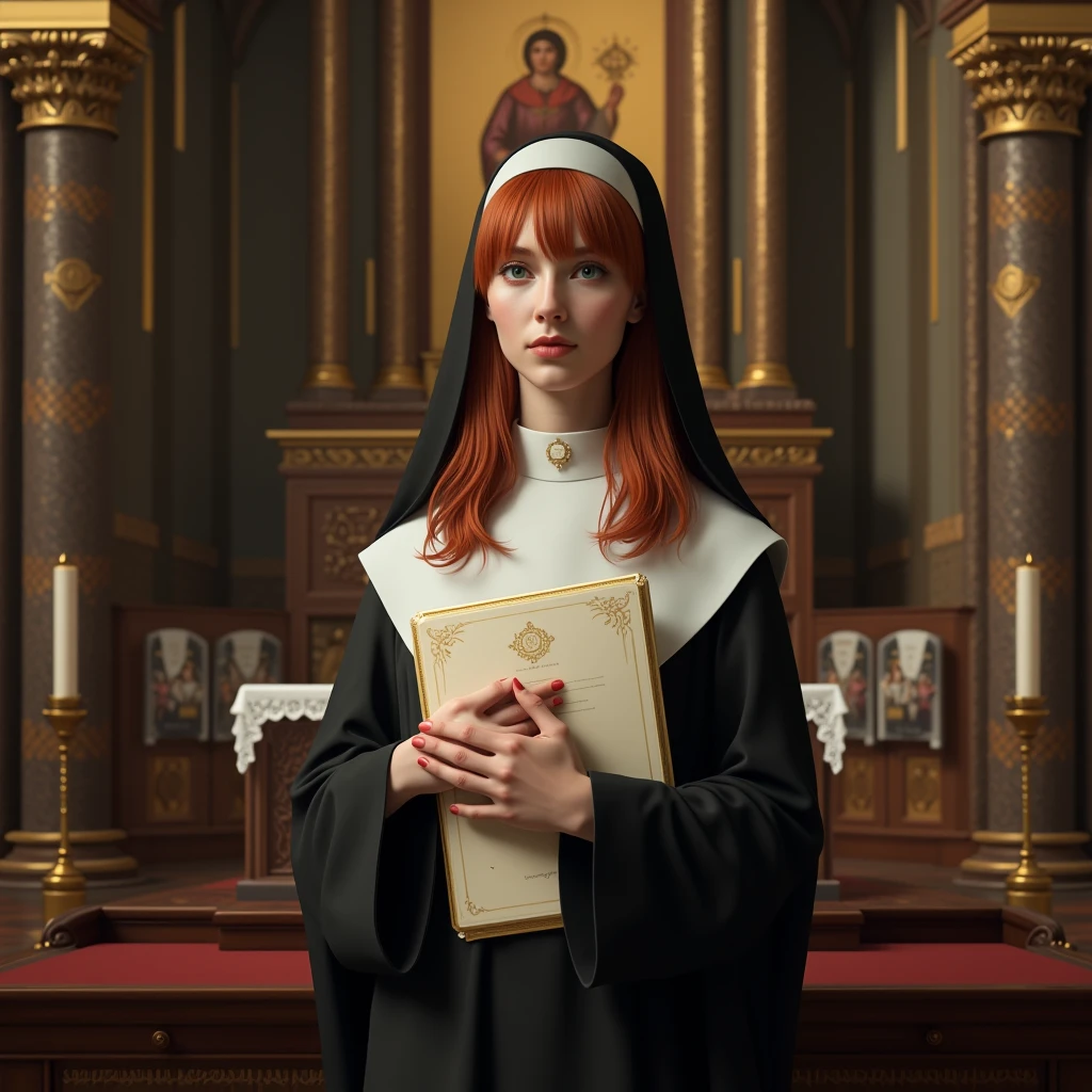 a woman in a priest outfit standing in a church, detailed face, medieval, fantasy
