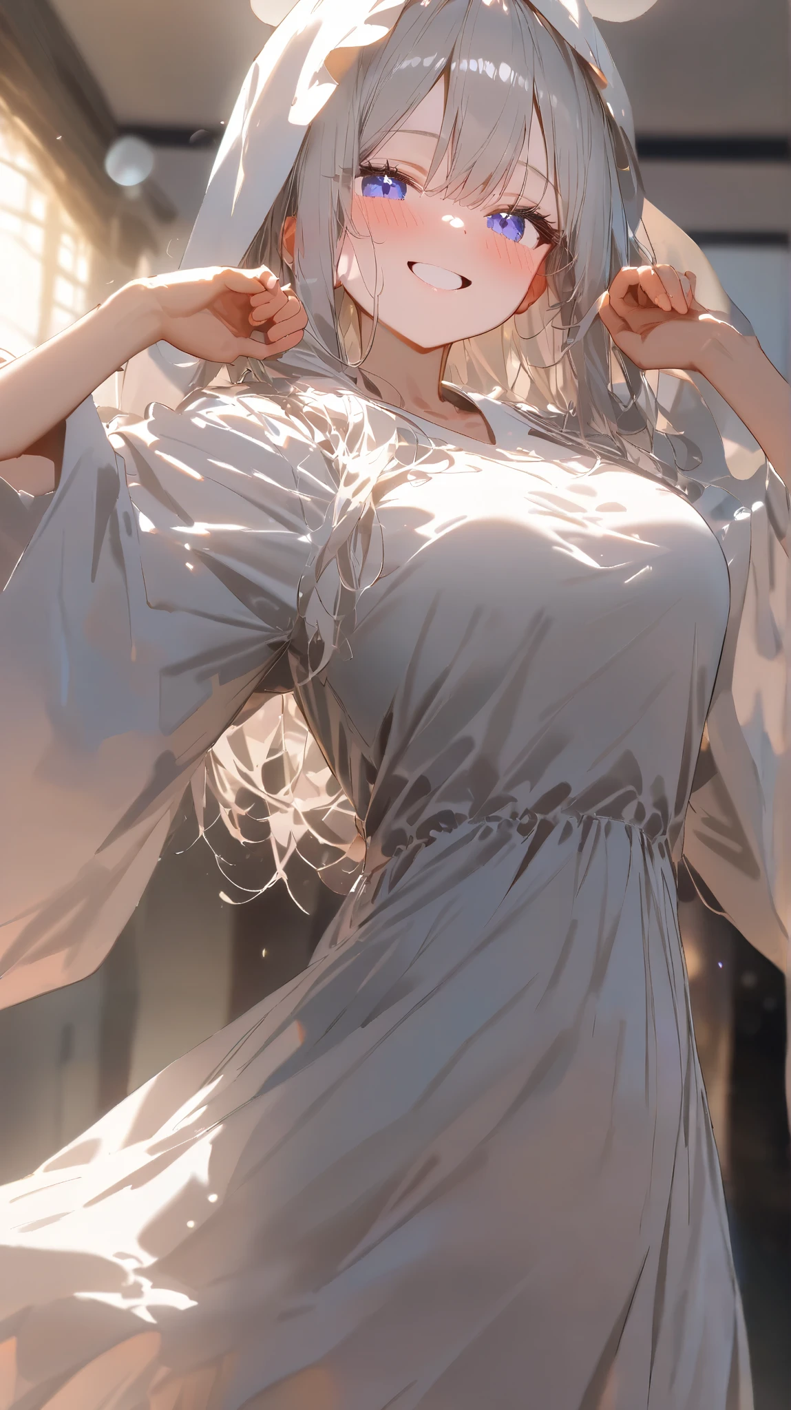 1girl, Solo, High Resolution, Looking at viewer, Breasts, Blush, High Resolution, Masterpiece, Anatomically Correct, Best Quality, High Details, HD, Soft Lighting, Textured Skin, Cute Pose, Dynamic Angle, Smile, Happy, Blush, Cute, Blurred Background, Close-Up, Ray Tracing, Reflection Light, Glowing Light, Dark Bedroom's Background.
Silver Hair, Long Hair, Messy Hair, Glowing Blue Eyes, White Simple Dress, Standing, Lift Her Hands, Ghost Costume,1 Ghost Girl,