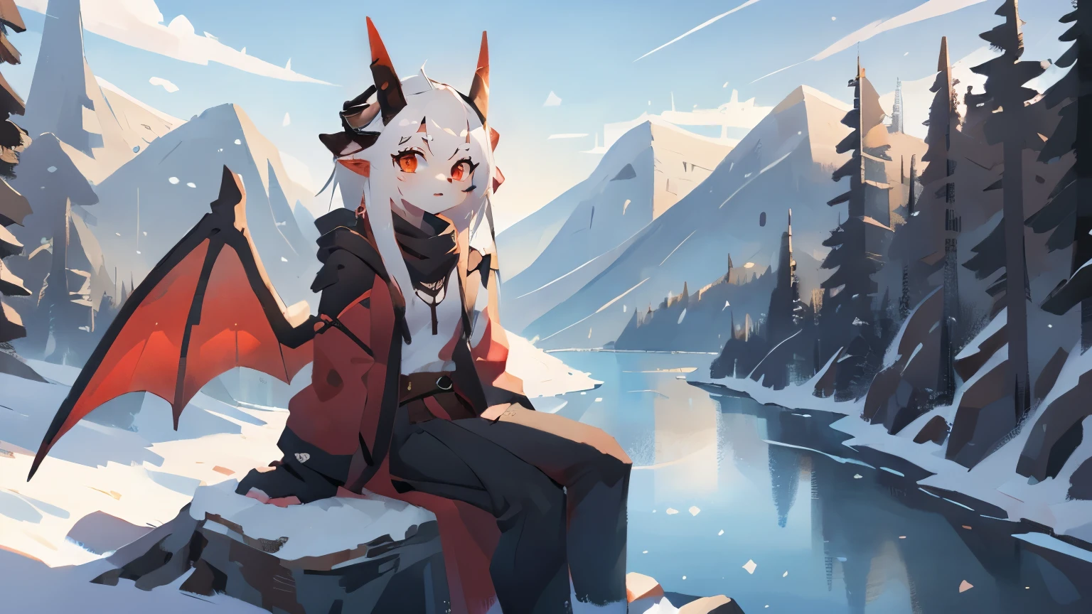 1girl, Fantasy creature characteristics, Mythological Creatures, Demon Girl, (highly detailed, masterpiece:1.2), There pairs of curved short horns above the ears., black horns, slit pupils, dragon wings, Upright ears, white hair, (red eyes), (gradient eyes), streaked hair, gradient hair, red bangs, Red overcoat with white Shirt, red scarf, short_hair, (whole body:1.3), flat_chest, The eyes are firm and confident, from arknights, warfarin_arknights, Sitting on the top of the mountain, There is a river flowing through the plain., Snow-capped mountains in the distance, close-up, wide shot, from behind, panorama, best quality, 4k, 8k