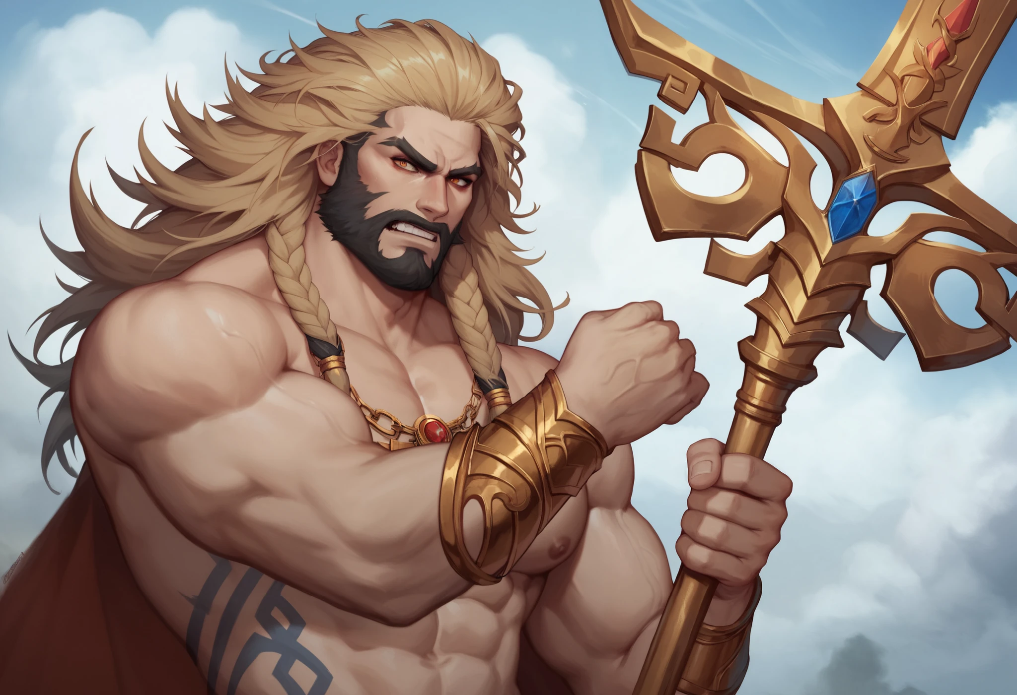 a close up of a man with a beard and a sword, the god poseidon, furious god zeus, muscular character, the god zeus, muscular characters, portrait of rugged zeus, fit male demon with white horns, the god of the sea, poseidon, hyperdetailed fantasy character, god of the ocean, large muscles, high detail iconic character