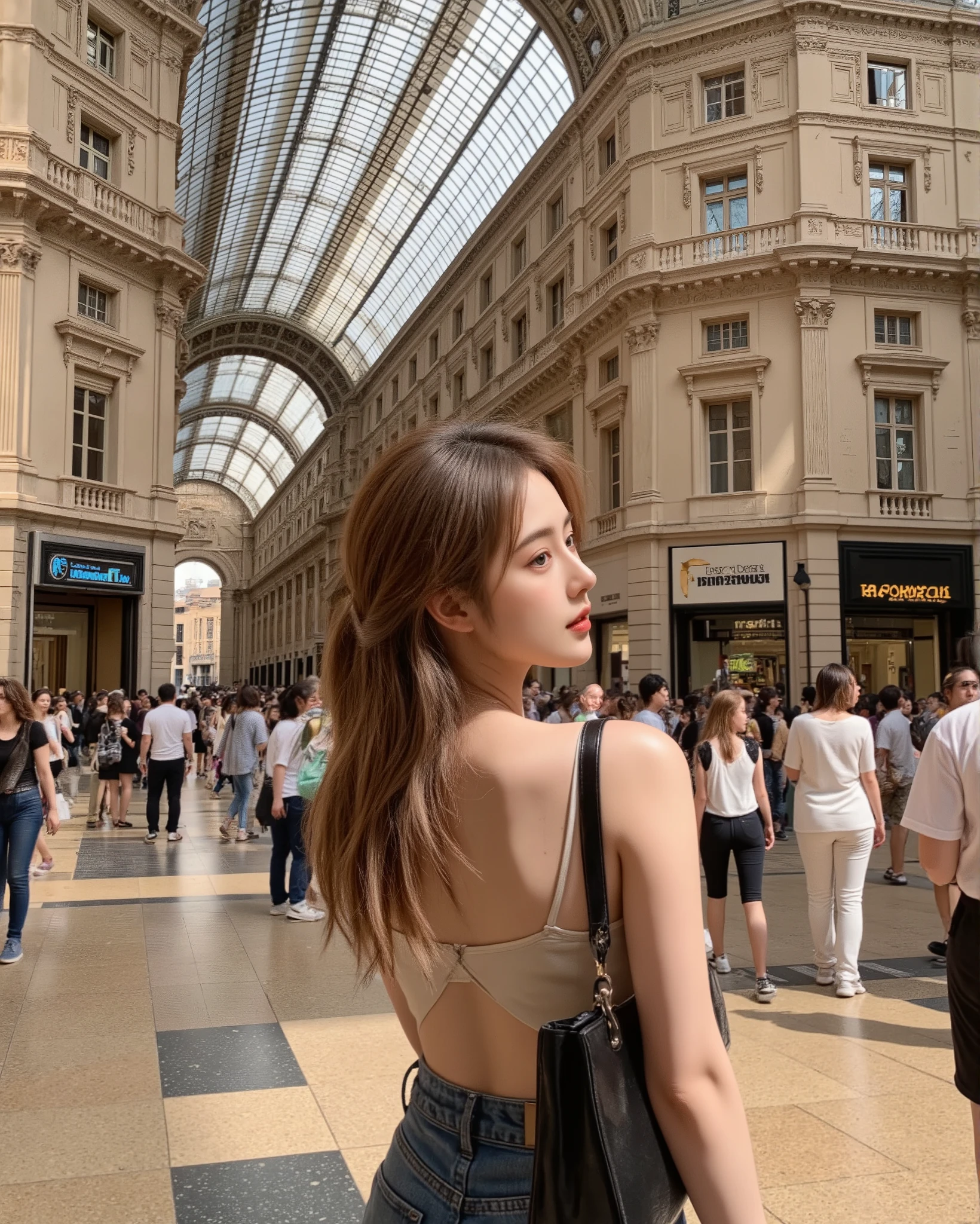 /imagine prompt: A woman standing inside the Galleria Vittorio Emanuele II in Milan, surrounded by luxurious neoclassical architecture with grand arches, ornate moldings, and an elegant glass-domed roof that bathes the scene in soft, natural light. She wears a backless, strappy top paired with casual denim jeans, embodying a chic, contemporary style. A glossy black handbag completes her fashionable look. Her hair is styled in a loose, half-up ponytail that flows naturally, capturing a carefree, dynamic motion. She poses in a candid, relaxed stance, glancing sideways with an air of confidence. The bustling atmosphere of the historic shopping arcade adds vibrancy to the scene. hd quality, cinematic detail, vivid colors, realistic texture --ar 2:3 --v 6.0