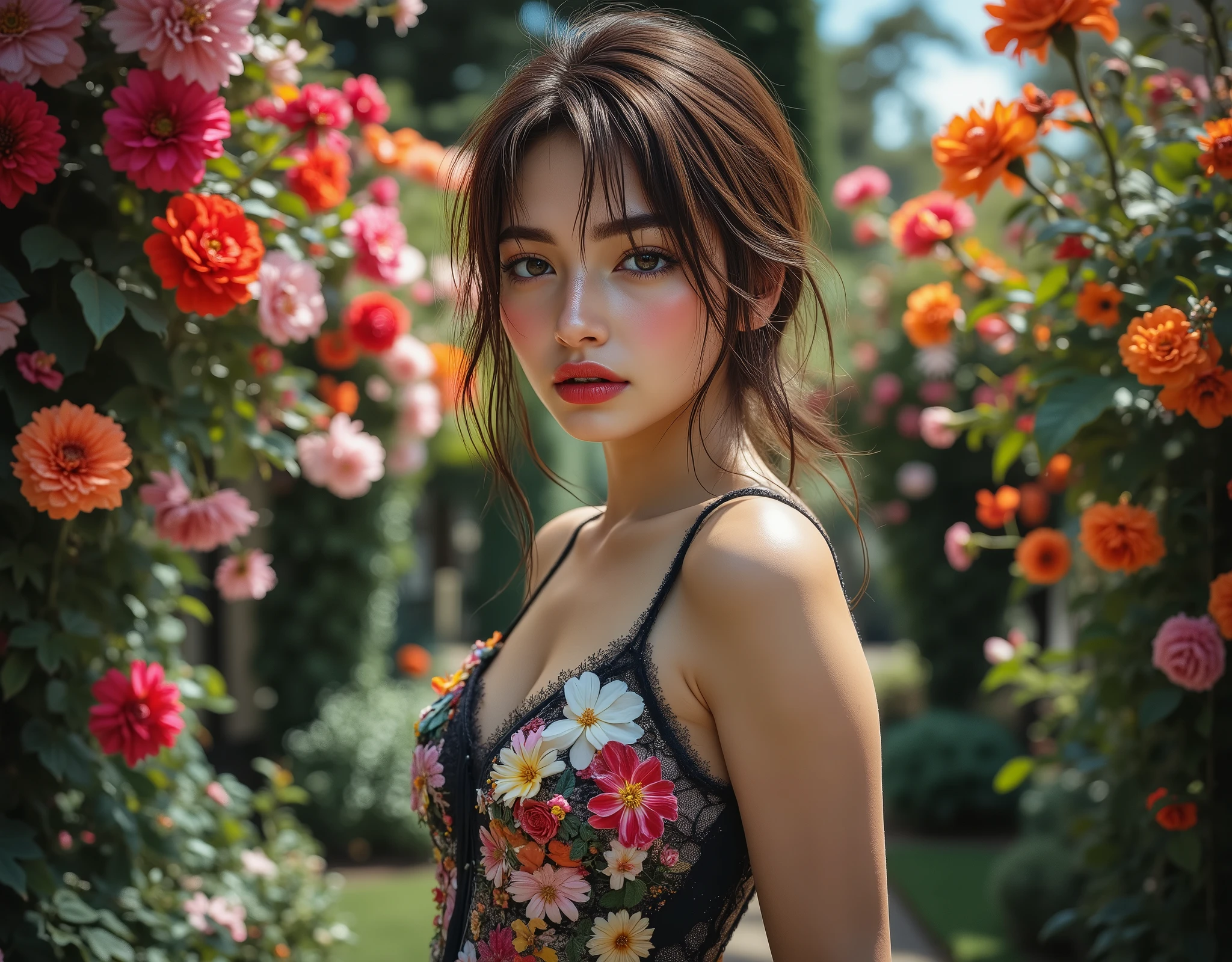 Realistic ((Photorealistic realism)), Hyper high resolution, ((Hyper insanel quality, epice masterciece, intricately detailed digital art)),((focus on extremely Realistic Proportion Body:1.3),"Portrait of {a woman, wearing a dress, standing in a garden}."(ultra realistic texture details: velvety skin, hair), ((sharp focus, no blurry eyes, Hyper absurd quality, Hyper details,Hyper realistic black_eyes:1.4)),((extra narrow eyebrows)),(Carefully draw Long blue_mascara:1.15),(perfect round eyes), (finely detailed pupils, (extremely fine details pupils)), detailed lips:1.3, (apply glossy red_lipstick:1.3), (perfect proportions:1.2), (White tight Dress made of lace fishnet), (Dolce & Gabbana, Floral style:1.29), (elegant fashion, intricate details:1.23), floral couture, (clothes made of silk and flower), (Wearing tight fitting dresses)), (black latex:1.25), latex bodysuit laced), (Intricately details multi-layer ((Ruffled ((Black)) Gothic Punk Skirt:1.2)), lace with fishnets:1.3), (golden lace-up:1.3), dslr, high quality split lighting, sharp focus captured by Fujifilm XT3, f 5.6,(perfect composition),((look at the viewer)), HDR, UHD, studio lighting, physically-based rendering, vivid colors,