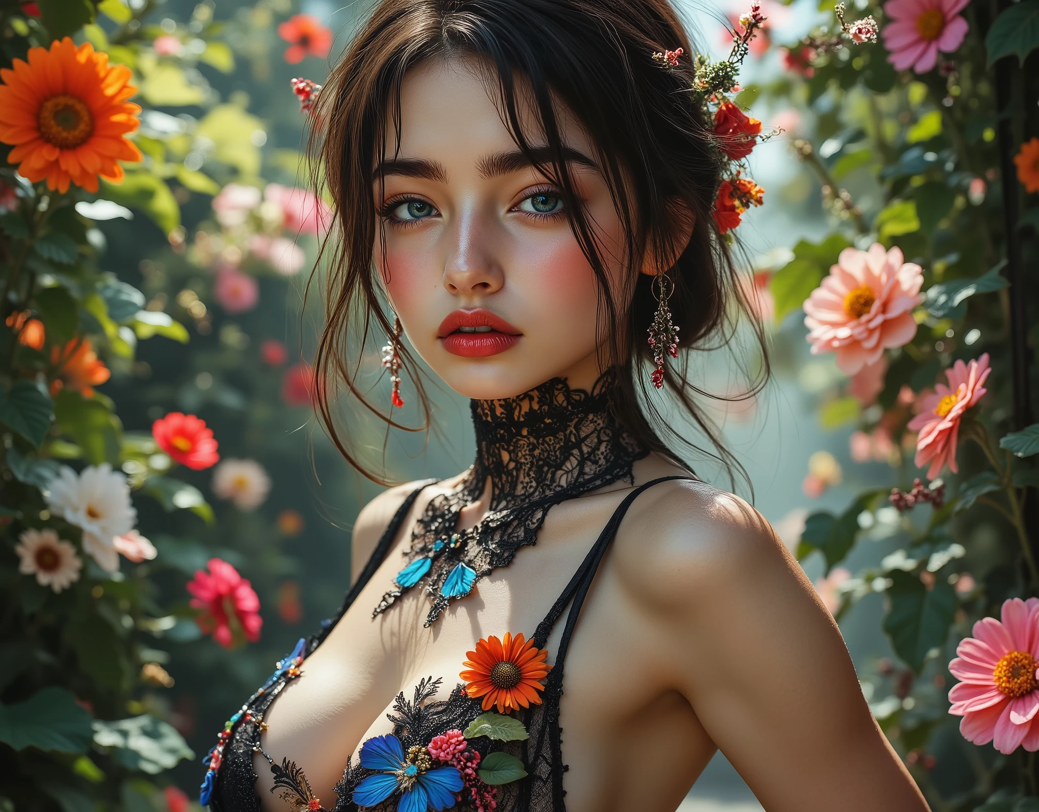 Realistic ((Photorealistic realism)), Hyper high resolution, ((Hyper insanel quality, epice masterciece, intricately detailed digital art)),((focus on extremely Realistic Proportion Body:1.3),"Portrait of {a woman, wearing a dress, standing in a garden}."(ultra realistic texture details: velvety skin, hair), ((sharp focus, no blurry eyes, Hyper absurd quality, Hyper details,Hyper realistic black_eyes:1.4)),((extra narrow eyebrows)),(Carefully draw Long blue_mascara:1.15),(perfect round eyes), (finely detailed pupils, (extremely fine details pupils)), detailed lips:1.3, (apply glossy red_lipstick:1.3), (perfect proportions:1.2), (White tight Dress made of lace fishnet), (Dolce & Gabbana, Floral style:1.29), (elegant fashion, intricate details:1.23), floral couture, (clothes made of silk and flower), (Wearing tight fitting dresses)), (black latex:1.25), latex bodysuit laced), (Intricately details multi-layer ((Ruffled ((Black)) Gothic Punk Skirt:1.2)), lace with fishnets:1.3), (golden lace-up:1.3), dslr, high quality split lighting, sharp focus captured by Fujifilm XT3, f 5.6,(perfect composition),((look at the viewer)), HDR, UHD, studio lighting, physically-based rendering, vivid colors,