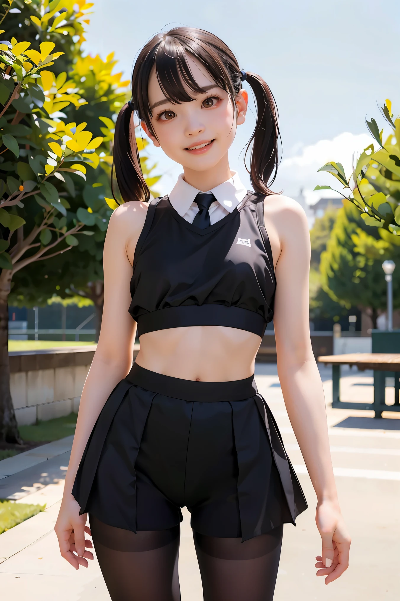 girl standing in school park, sport bra, bloomers, black pantyhose, 18-year-old,bangs,a little smiles, thighs, knees, from below