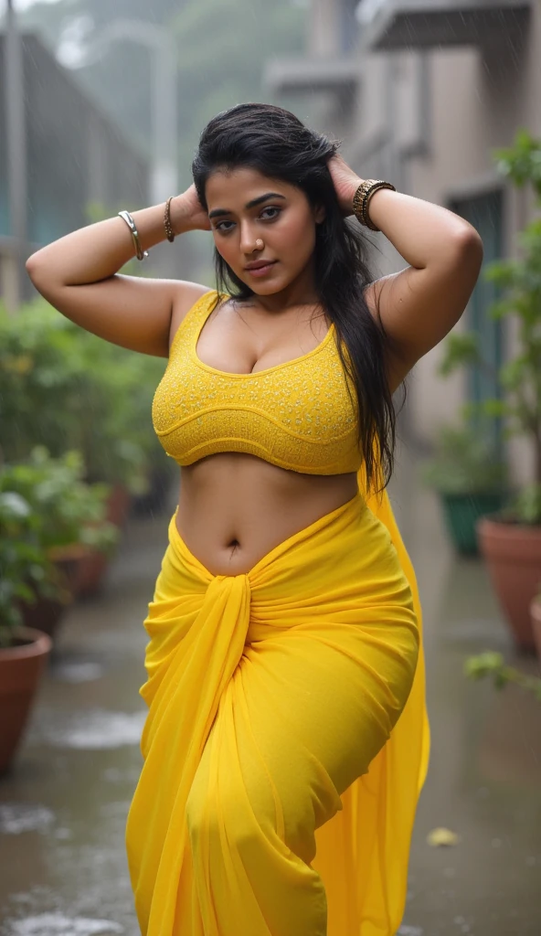 1 Heavenly beautiful and goddess beauty cute and sweet looking face Arabian woman in front of yellow color cottage, Heavenly beautiful Overweight, Heavenly beautiful Extremely fat, Heavenly beautiful and attractive Chubby figure , Heavenly beautiful looking and eye catching luxury style tight fitting saree and bra, reaching out, Heavenly beautiful Arabian woman, 16k, High resolution, masterpiece, highest quality, fine skin, outside view, Realistic Photograph, close up figure view, Heavenly beautiful smile face