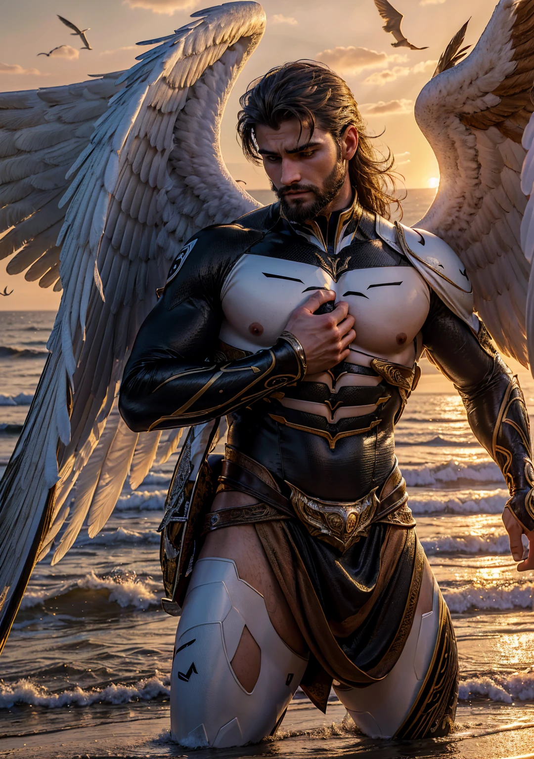ultra high res, best quality, photo, 4k, (photorealistic:1.4), cinematic lighting, a male angel with large translucent wings,muscular man, abdominal muscle, wearing medieval gold armor, detailed feathers, cyberpunk environment, snow and environment in the background, cathedral of , portal of the future, volumetric light, HD, magic, god light, backlighting, detailed face, contrapposto,