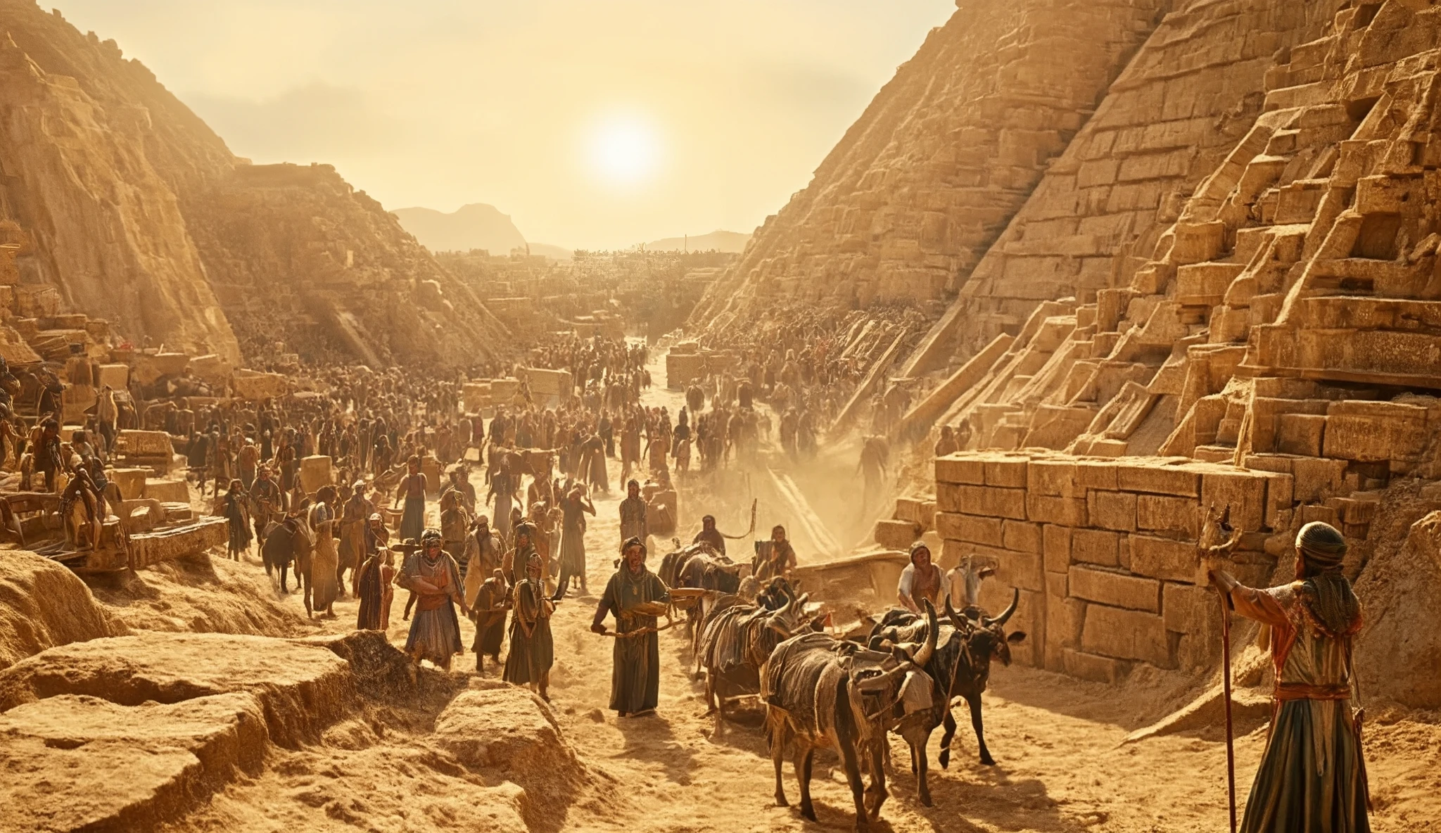 A hyper-realistic cinematic view of the construction of the Great Pyramid, with thousands of workers hauling massive limestone blocks up wooden ramps. Foremen clad in intricate robes shout commands, while oxen pull sledges through the sand. The desert sun blazes down, casting long shadows across the chaotic but organized construction site. Every bead of sweat, every grain of sand, and every wooden plank is captured with intricate detail, creating a sense of immense scale and human effort.
