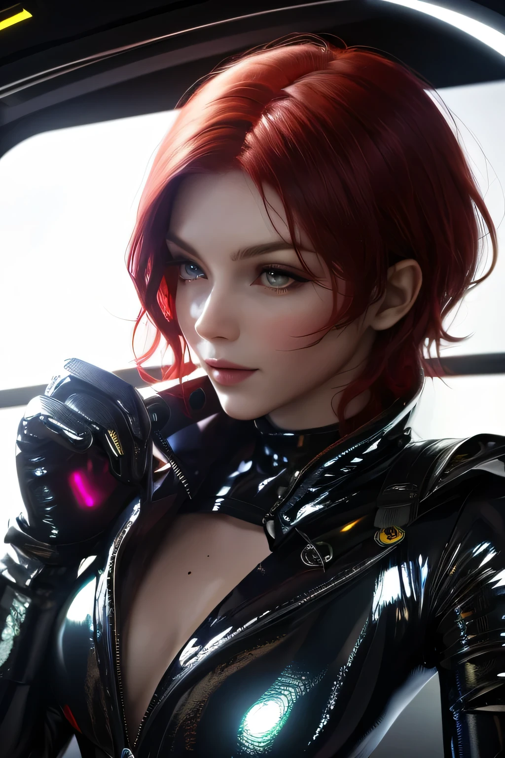 Alison Tyler, perfect body, cyber punk, musicians, red hair bob cut woman, wide angle lens, expressive, look up, Laser hologram, white leather jacket, medium bust, sexy pose