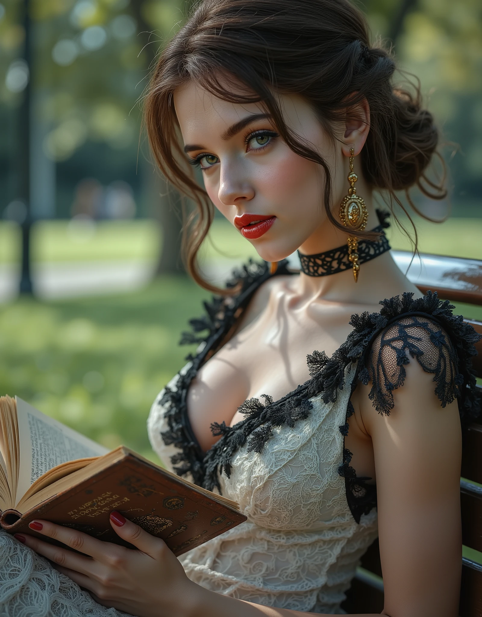 Realistic ((Photorealistic realism)), Hyper high resolution, ((Hyper insanel quality, epice masterciece, intricately detailed digital art)),((focus on extremely Realistic Proportion Body:1.3),"Portrait of {a woman, wearing a dress, sits on a park bench, reading a book}."(ultra realistic texture details: velvety skin, hair), ((sharp focus, no blurry eyes, Hyper absurd quality, Hyper details, Hyper realistic brown_eyes:1.4)),((extra narrow eyebrows)),(Carefully draw Long blue_mascara:1.12),(perfect round eyes), (finely detailed pupils, (extremely fine details pupils)), detailed lips:1.3, (apply glossy red_lipstick:1.23), (perfect proportions:1.2), ((White tight Dress made of lace fishnet:1.22), (Dolce & Gabbana, Floral style:1.23)), (elegant fashion, intricate details:1.2), ((clothes made of silk and flower), (Wearing tight fitting dresses)), ((Ruffled Black Gothic Skirt) (Intricately details multi-layer, lace with fishnets:1.25), (golden lace-up:1.33)), dslr, high quality split lighting, sharp focus captured by Fujifilm XT3, f 5.6,(perfect composition),((look at the viewer)), HDR, UHD, studio lighting, physically-based rendering, vivid colors,