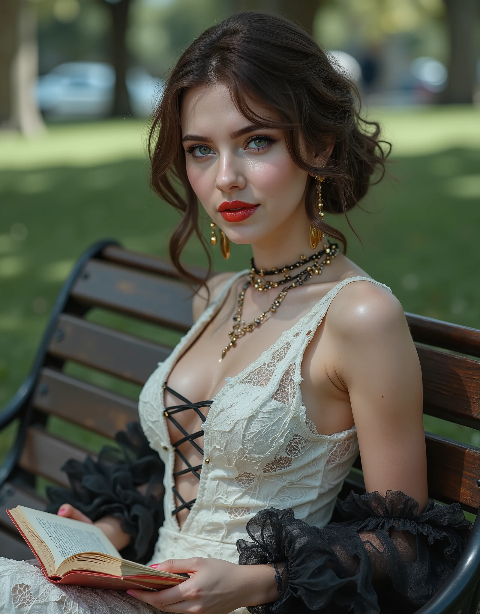 Realistic ((Photorealistic realism)), Hyper high resolution, ((Hyper insanel quality, epice masterciece, intricately detailed digital art)),((focus on extremely Realistic Proportion Body:1.3),"Portrait of {a woman, wearing a dress, sits on a park bench, reading a book}."(ultra realistic texture details: velvety skin, hair), ((sharp focus, no blurry eyes, Hyper absurd quality, Hyper details, Hyper realistic brown_eyes:1.4)),((extra narrow eyebrows)),(Carefully draw Long blue_mascara:1.12),(perfect round eyes), (finely detailed pupils, (extremely fine details pupils)), detailed lips:1.3, (apply glossy red_lipstick:1.23), (perfect proportions:1.2), ((White tight Dress made of lace fishnet:1.22), (Dolce & Gabbana, Floral style:1.23)), (elegant fashion, intricate details:1.2), ((clothes made of silk and flower), (Wearing tight fitting dresses)), ((Ruffled Black Gothic Skirt) (Intricately details multi-layer, lace with fishnets:1.25), (golden lace-up:1.33)), dslr, high quality split lighting, sharp focus captured by Fujifilm XT3, f 5.6,(perfect composition),((look at the viewer)), HDR, UHD, studio lighting, physically-based rendering, vivid colors,