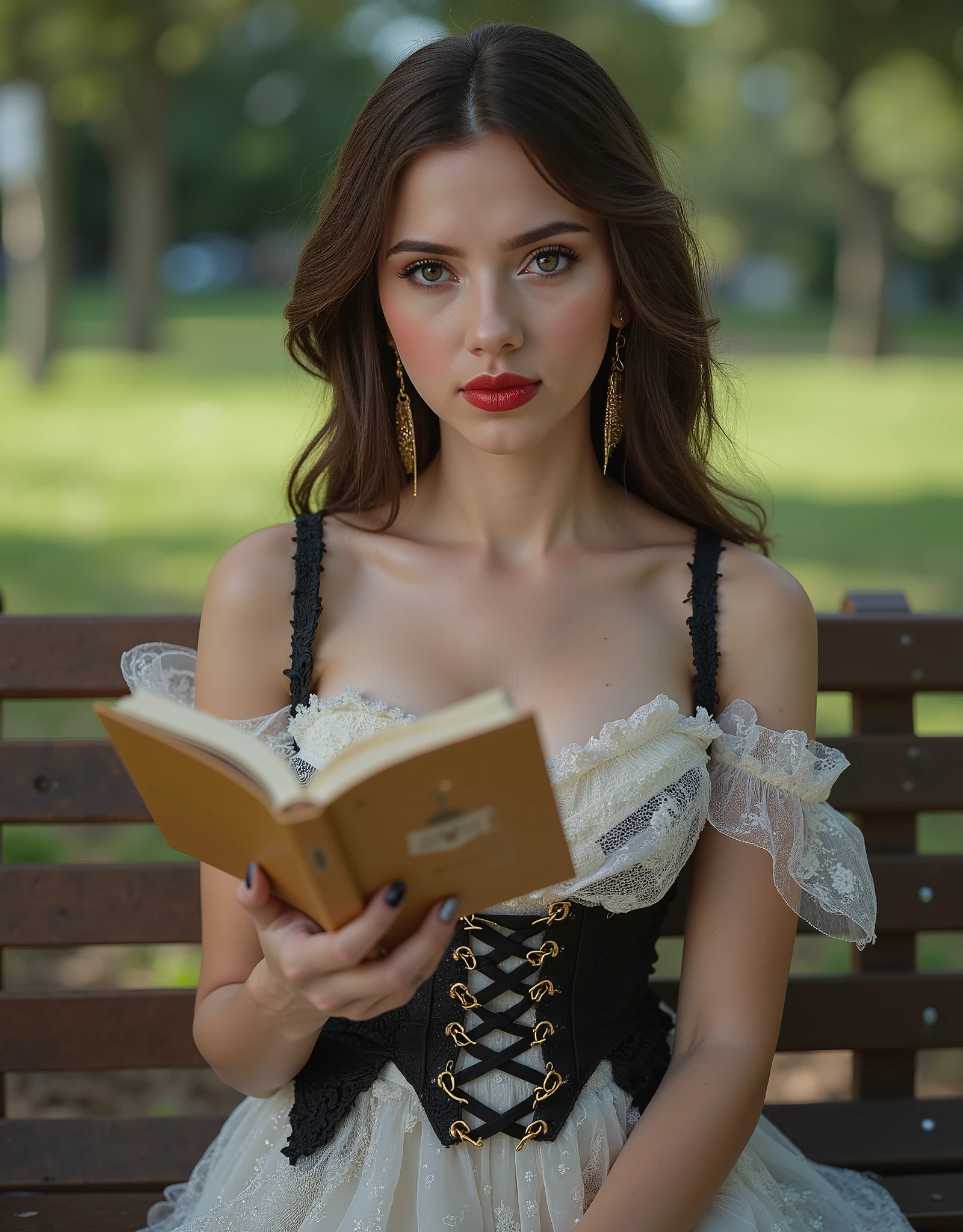Realistic ((Photorealistic realism)), Hyper high resolution, ((Hyper insanel quality, epice masterciece, intricately detailed digital art)),((focus on extremely Realistic Proportion Body:1.3),"Portrait of {a woman, wearing a dress, sits on a park bench, reading a book}."(ultra realistic texture details: velvety skin, hair), ((sharp focus, no blurry eyes, Hyper absurd quality, Hyper details, Hyper realistic brown_eyes:1.4)),((extra narrow eyebrows)),(Carefully draw Long blue_mascara:1.12),(perfect round eyes), (finely detailed pupils, (extremely fine details pupils)), detailed lips:1.3, (apply glossy red_lipstick:1.23), (perfect proportions:1.2), ((White tight Dress made of lace fishnet:1.22), (Dolce & Gabbana, Floral style:1.23)), (elegant fashion, intricate details:1.2), ((clothes made of silk and flower), (Wearing tight fitting dresses)), ((Ruffled Black Gothic Skirt) (Intricately details multi-layer, lace with fishnets:1.25), (golden lace-up:1.33)), dslr, high quality split lighting, sharp focus captured by Fujifilm XT3, f 5.6,(perfect composition),((look at the viewer)), HDR, UHD, studio lighting, physically-based rendering, vivid colors,