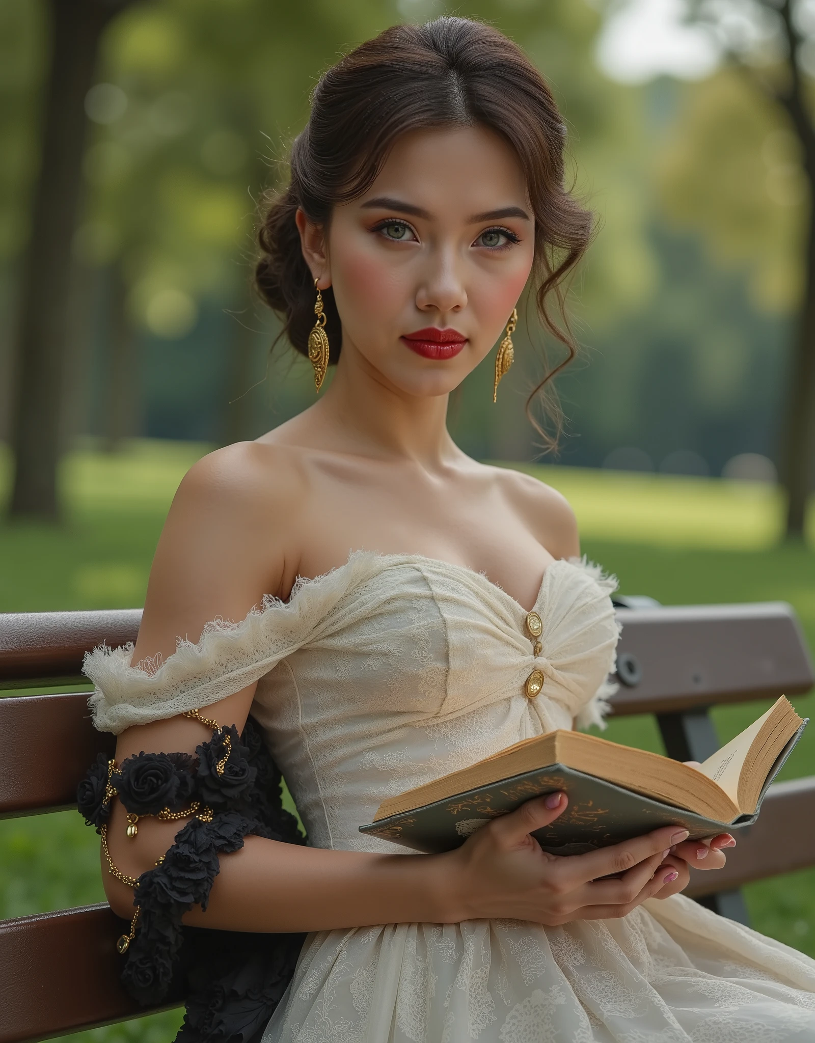 Realistic ((Photorealistic realism)), Hyper high resolution, ((Hyper insanel quality, epice masterciece, intricately detailed digital art)),((focus on extremely Realistic Proportion Body:1.3),"Portrait of {a woman, wearing a dress, sits on a park bench, reading a book}."(ultra realistic texture details: velvety skin, hair), ((sharp focus, no blurry eyes, Hyper absurd quality, Hyper details, Hyper realistic brown_eyes:1.4)),((extra narrow eyebrows)),(Carefully draw Long blue_mascara:1.12),(perfect round eyes), (finely detailed pupils, (extremely fine details pupils)), detailed lips:1.3, (apply glossy red_lipstick:1.23), (perfect proportions:1.2), ((White tight Dress made of lace fishnet:1.22), (Dolce & Gabbana, Floral style:1.23)), (elegant fashion, intricate details:1.2), ((clothes made of silk and flower), (Wearing tight fitting dresses)), ((Ruffled Black Gothic Skirt) (Intricately details multi-layer, lace with fishnets:1.25), (golden lace-up:1.33)), dslr, high quality split lighting, sharp focus captured by Fujifilm XT3, f 5.6,(perfect composition),((look at the viewer)), HDR, UHD, studio lighting, physically-based rendering, vivid colors,