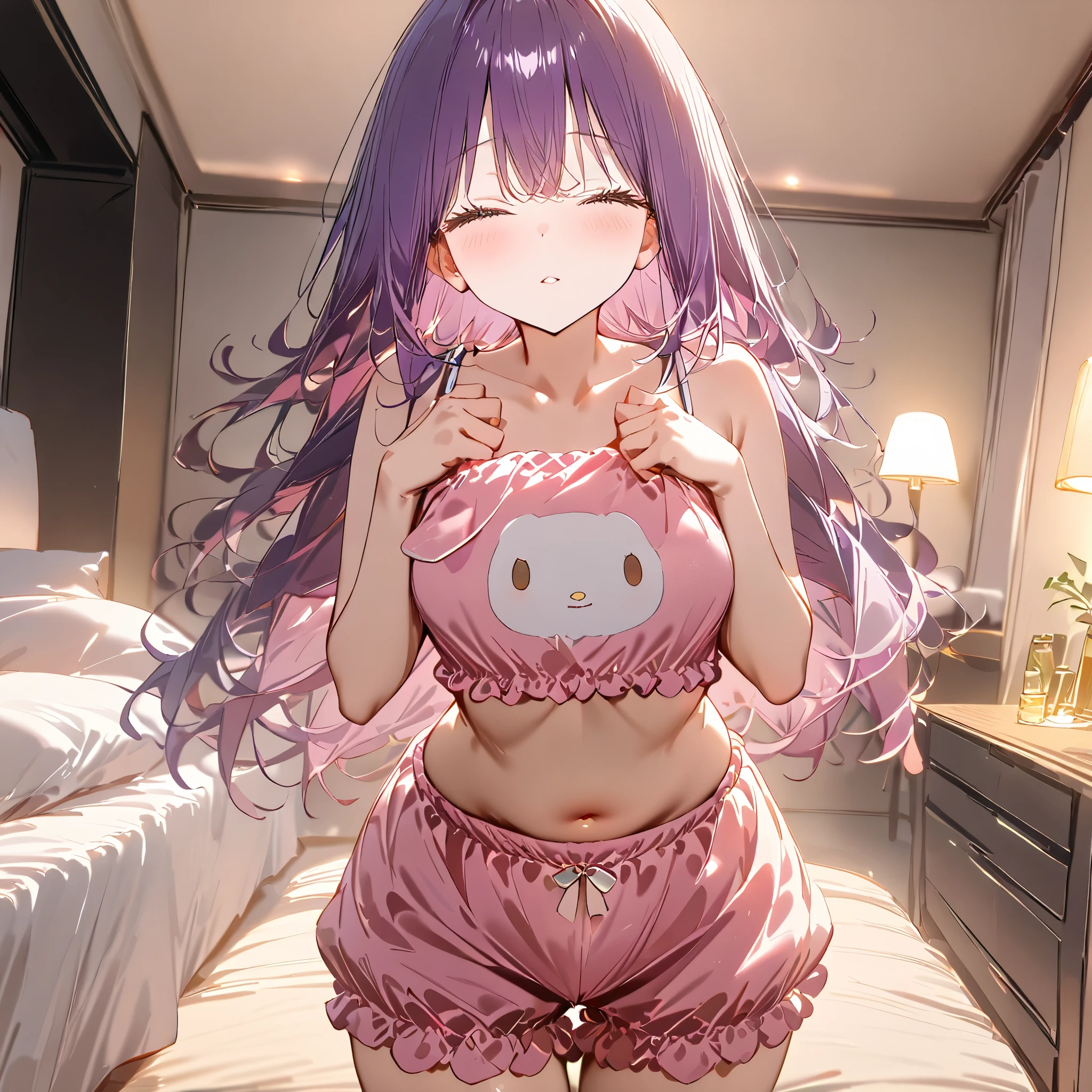 1girl, Solo, High Resolution, Looking at viewer, Breasts, Blush, High Resolution, Masterpiece, Anatomically Correct, Best Quality, High Details, HD, Soft Lighting, Textured Skin, Cute Pose, Dynamic Angle, Poutning, , Blush, Cute, Blurred Background, Cowboy Shot, Ray Tracing, Reflection Light, Glowing Light, Bedroom's Background.

Purple Hair, Long Hair, Messy Hair, Glowing gold Eyes, Standing, print camisole, pink camisole, pink bloomers, camisole, bloomers, belly visible, incom, closed eyes, facing viewer, parted lips.