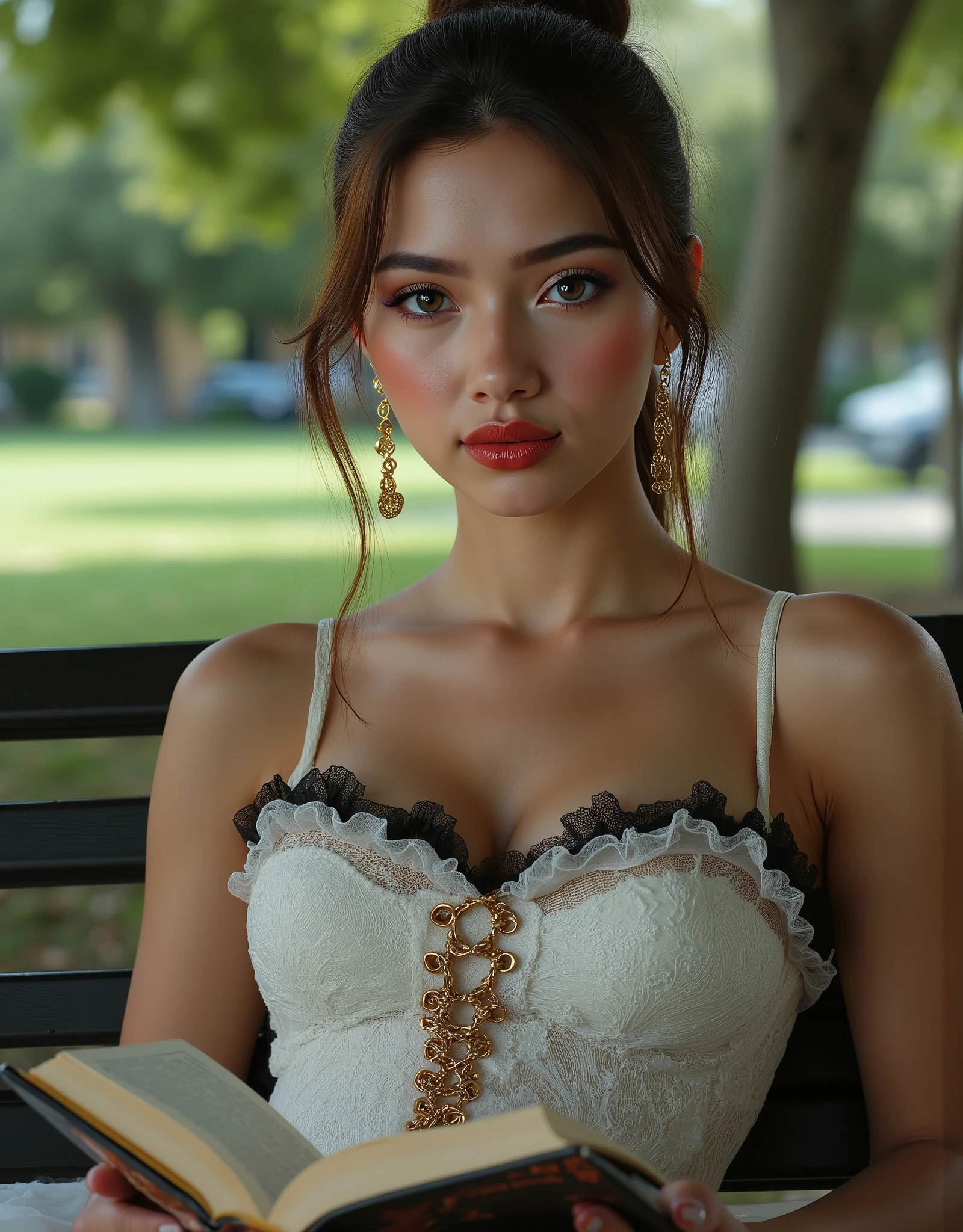 Realistic ((Photorealistic realism)), Hyper high resolution, ((Hyper insanel quality, epice masterciece, intricately detailed digital art)),((focus on extremely Realistic Proportion Body:1.3),"Portrait of {a woman, wearing a dress, sits on a park bench, reading a book}."(ultra realistic texture details: velvety skin, hair), ((sharp focus, no blurry eyes, Hyper absurd quality, Hyper details, Hyper realistic brown_eyes:1.4)),((extra narrow eyebrows)),(Carefully draw Long blue_mascara:1.12),(perfect round eyes), (finely detailed pupils, (extremely fine details pupils)), detailed lips:1.3, (apply glossy red_lipstick:1.23), (perfect proportions:1.2), ((White tight Dress made of lace fishnet:1.22), (Dolce & Gabbana, Floral style:1.23)), (elegant fashion, intricate details:1.2), ((clothes made of silk and flower), (Wearing tight fitting dresses)), ((Ruffled Black Gothic Skirt) (Intricately details multi-layer, lace with fishnets:1.25), (golden lace-up:1.33)), dslr, high quality split lighting, sharp focus captured by Fujifilm XT3, f 5.6,(perfect composition),((look at the viewer)), HDR, UHD, studio lighting, physically-based rendering, vivid colors,