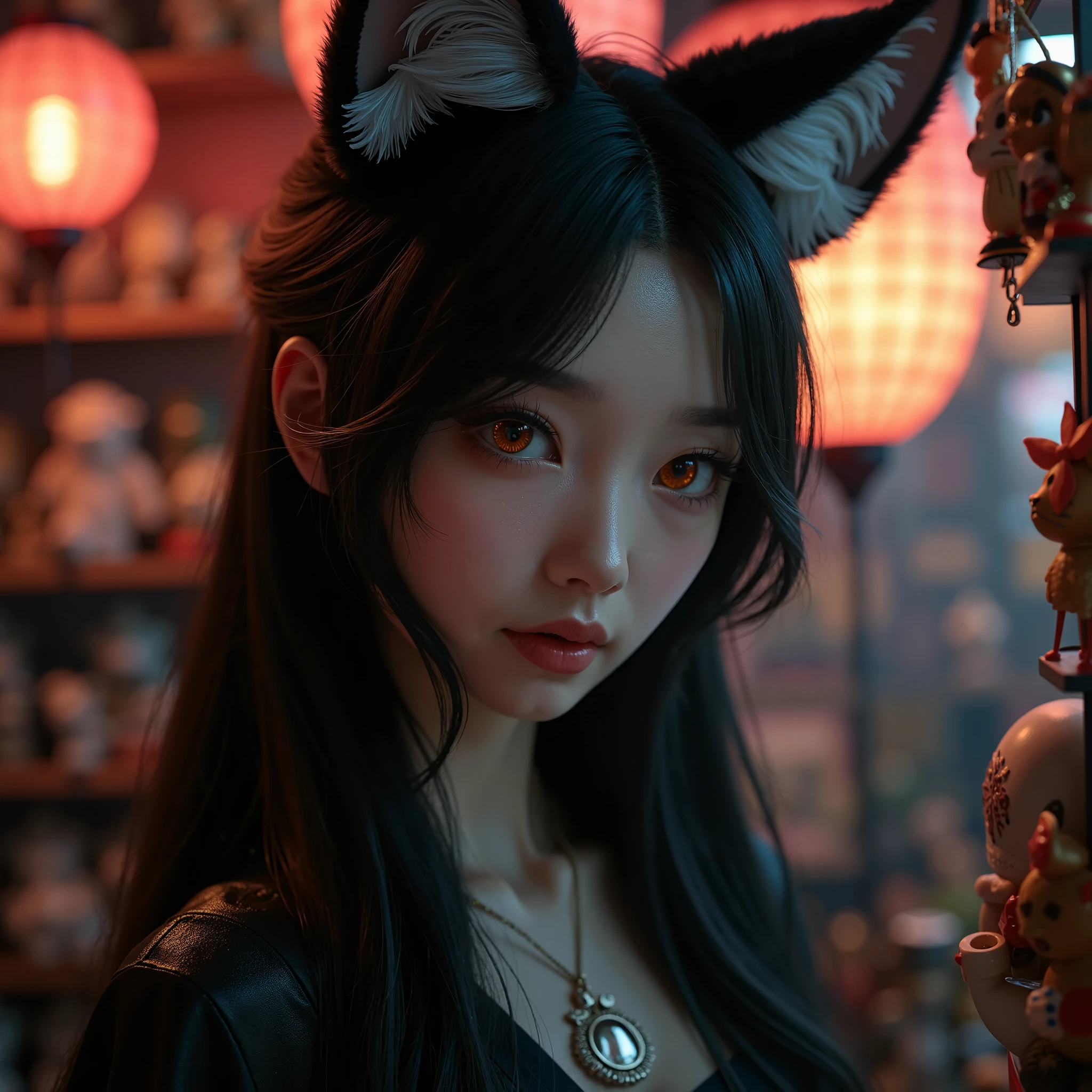 a portrait of a japanese [girl : woman : 20], formally dressed, cleavage, with cat ears on her head, dark shot, city street, sitting, hyperrealism, hdr, filmic, intricate details, rule of thirds