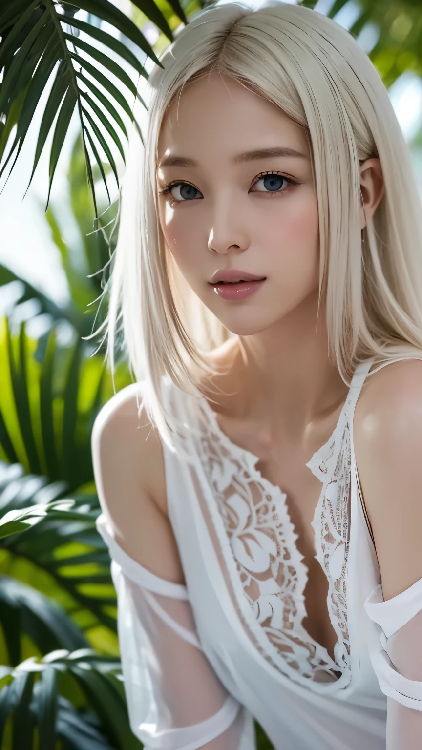 Shiny transparent white skin, Wind hair gets in the way of a pretty face, 25 years old, cute sexy little handsome face, pink  lips, side parted, hair over eyes, Beautiful straight hair that shines, talllight, light blue eyes, Long silky bangs covering cute eyes, Sexy face hiding hair super long hair sexy cute young lady long natural blonde shiny shiny hair, The sea shining in the morning sun, (Sexy white micro blouse and white tight skirt: 1.2), Tropical islands, Palm trees, Blonde Glossy Light Hair, natural wave hair, very Long hair, hair over one eye, light blue eyes, 1 Lady, (Intricate details: 1.2), long upturned eyes, (Detailed eyes), (A detailed face), beautiful Smile, Transparent white glossy skin, flushed cheeks, Medium chest, slender body shape, tight waist, small ass, thin and long legs, the visible part of someone's thighs between their skirt, beautiful hands, thin shoulders, Look at viewers, dynamicposes
