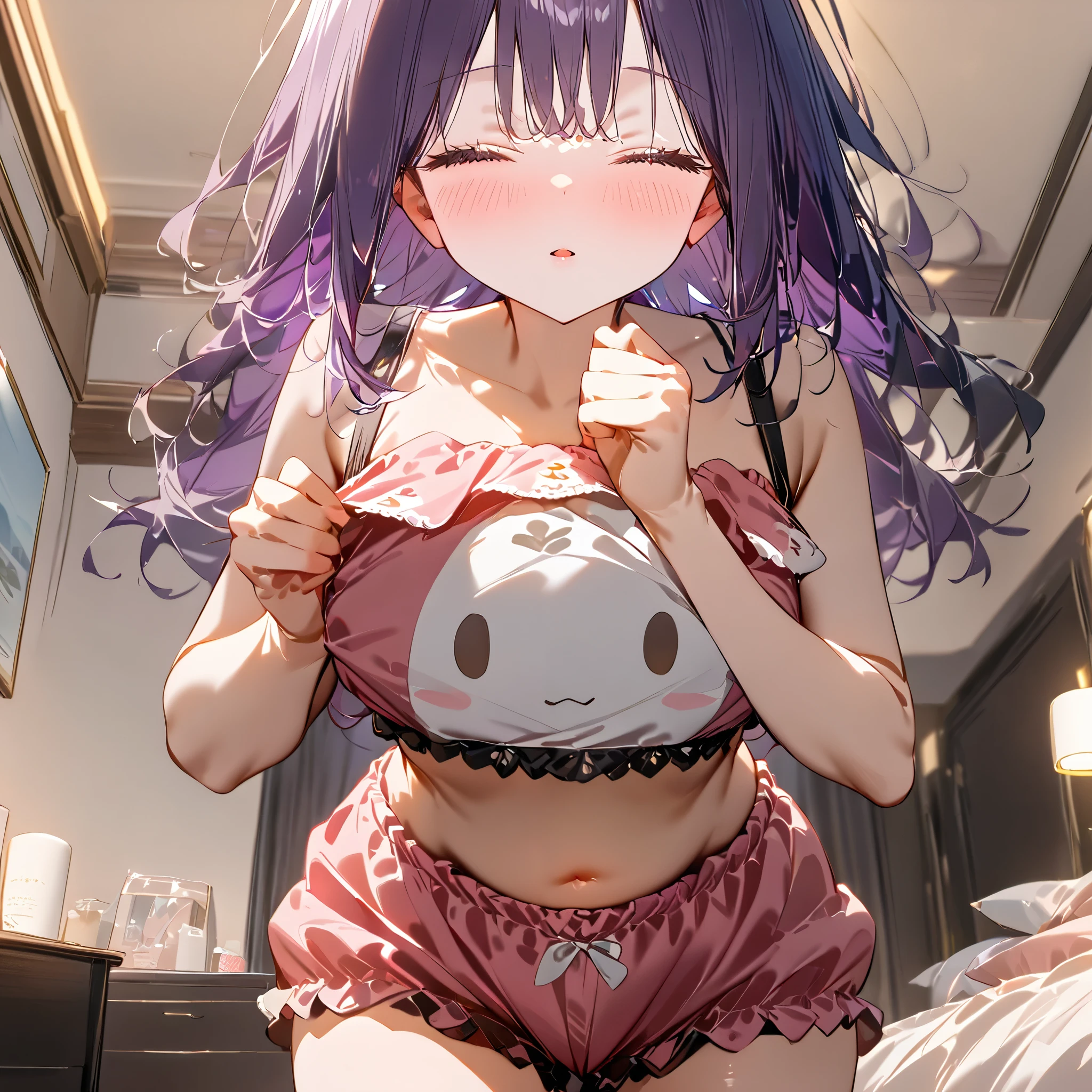 1girl, Solo, High Resolution, Looking at viewer, Breasts, Blush, High Resolution, Masterpiece, Anatomically Correct, Best Quality, High Details, HD, Soft Lighting, Textured Skin, Cute Pose, Dynamic Angle, Poutning, , Blush, Cute, Blurred Background, Close-up Potrait Shot, Focus on face, Ray Tracing, Reflection Light, Glowing Light, Bedroom's Background.
Purple Hair, Long Hair, Messy Hair, Glowing gold Eyes, Standing, print camisole, pink camisole, pink bloomers, camisole, bloomers, belly visible, incom, closed eyes, facing viewer, parted lips.