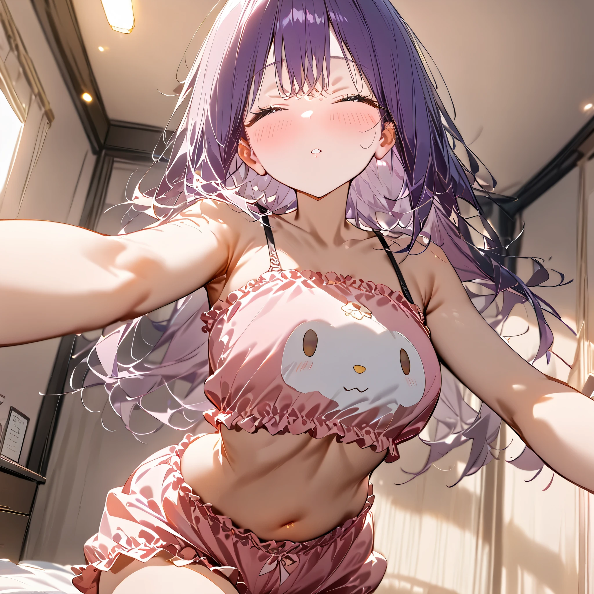 1girl, Solo, High Resolution, Looking at viewer, Breasts, Blush, High Resolution, Masterpiece, Anatomically Correct, Best Quality, High Details, HD, Soft Lighting, Textured Skin, Cute Pose, Dynamic Angle, Poutning, , Blush, Cute, Blurred Background, Close-up Potrait Shot, Focus on face, Ray Tracing, Reflection Light, Glowing Light, Bedroom's Background.
Purple Hair, Long Hair, Messy Hair, Glowing gold Eyes, Standing, print camisole, pink camisole, pink bloomers, camisole, bloomers, belly visible, incom, closed eyes, facing viewer, parted lips.