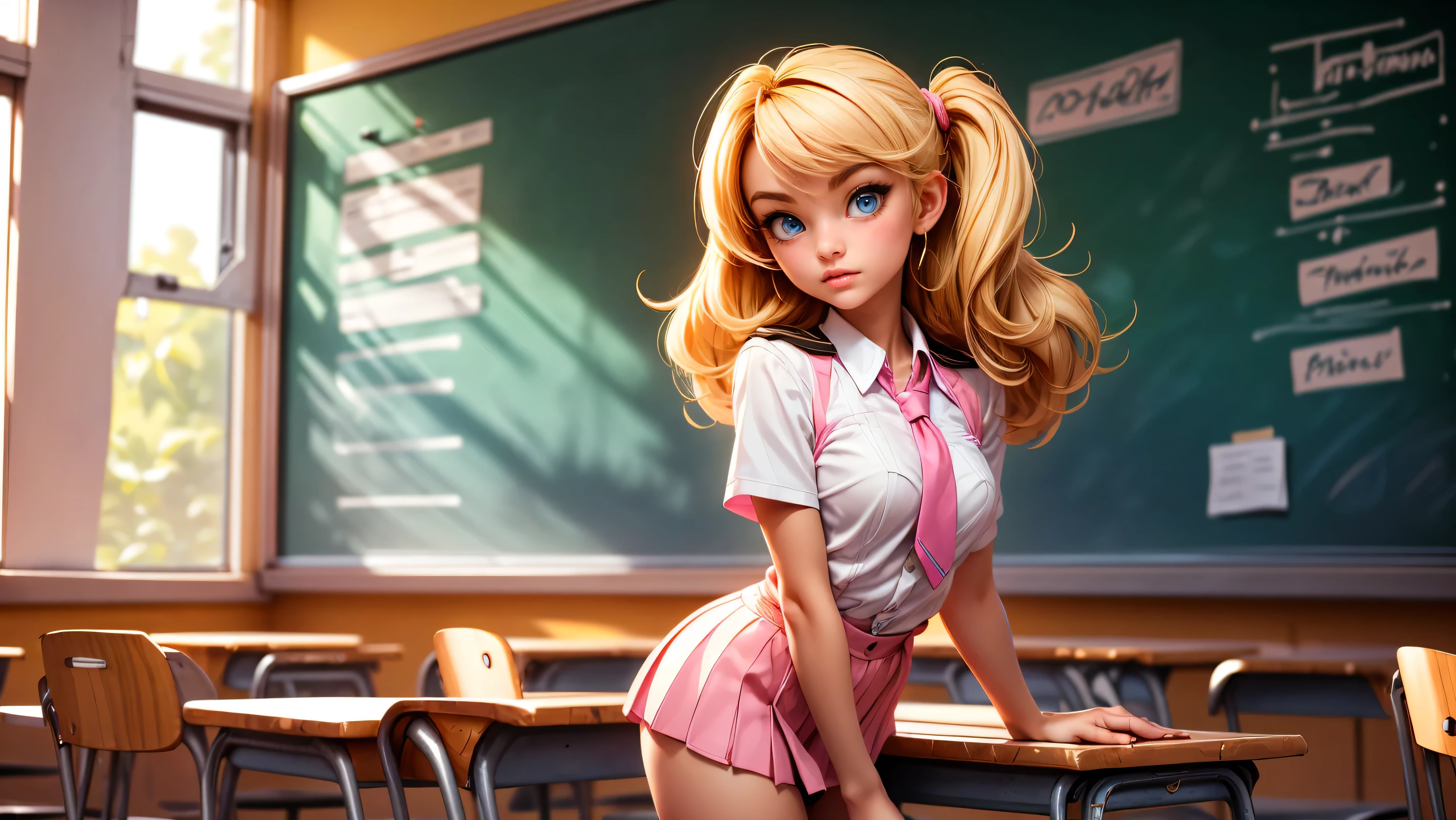 1girl, solo, single girl, young girl, Standing in a classroom, Cute blonde girl wearing revealing pink high-school uniform in classroom, sexy, petite, blue eyes, popular girl, standing in front of the chalkboard,