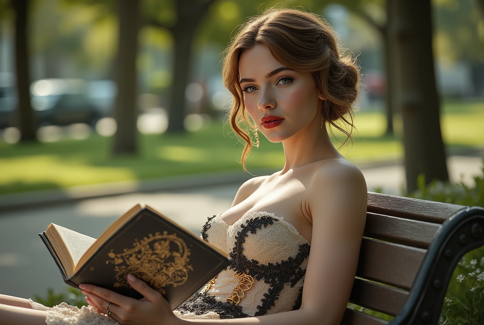 Realistic ((Photorealistic realism)), Hyper high resolution, ((Hyper insanel quality, epice masterciece, intricately detailed digital art)),((focus on extremely Realistic Proportion Body:1.3),"Portrait of {a woman, wearing a dress, sits on a park bench, reading a book}."(ultra realistic texture details: velvety skin, hair), ((sharp focus, no blurry eyes, Hyper absurd quality, Hyper details, Hyper realistic brown_eyes:1.4)),((extra narrow eyebrows)),(Carefully draw Long blue_mascara:1.12),(perfect round eyes), (finely detailed pupils, (extremely fine details pupils)), detailed lips:1.3, (apply glossy red_lipstick:1.23), (perfect proportions:1.2), ((White tight Dress made of lace fishnet:1.22), (Dolce & Gabbana, Floral style:1.23)), (elegant fashion, intricate details:1.2), ((clothes made of silk and flower), (Wearing tight fitting dresses)), ((Ruffled Black Gothic Skirt) (Intricately details multi-layer, lace with fishnets:1.25), (golden lace-up:1.33)), dslr, high quality split lighting, sharp focus captured by Fujifilm XT3, f 5.6,(perfect composition),((look at the viewer)), HDR, UHD, studio lighting, physically-based rendering, vivid colors,