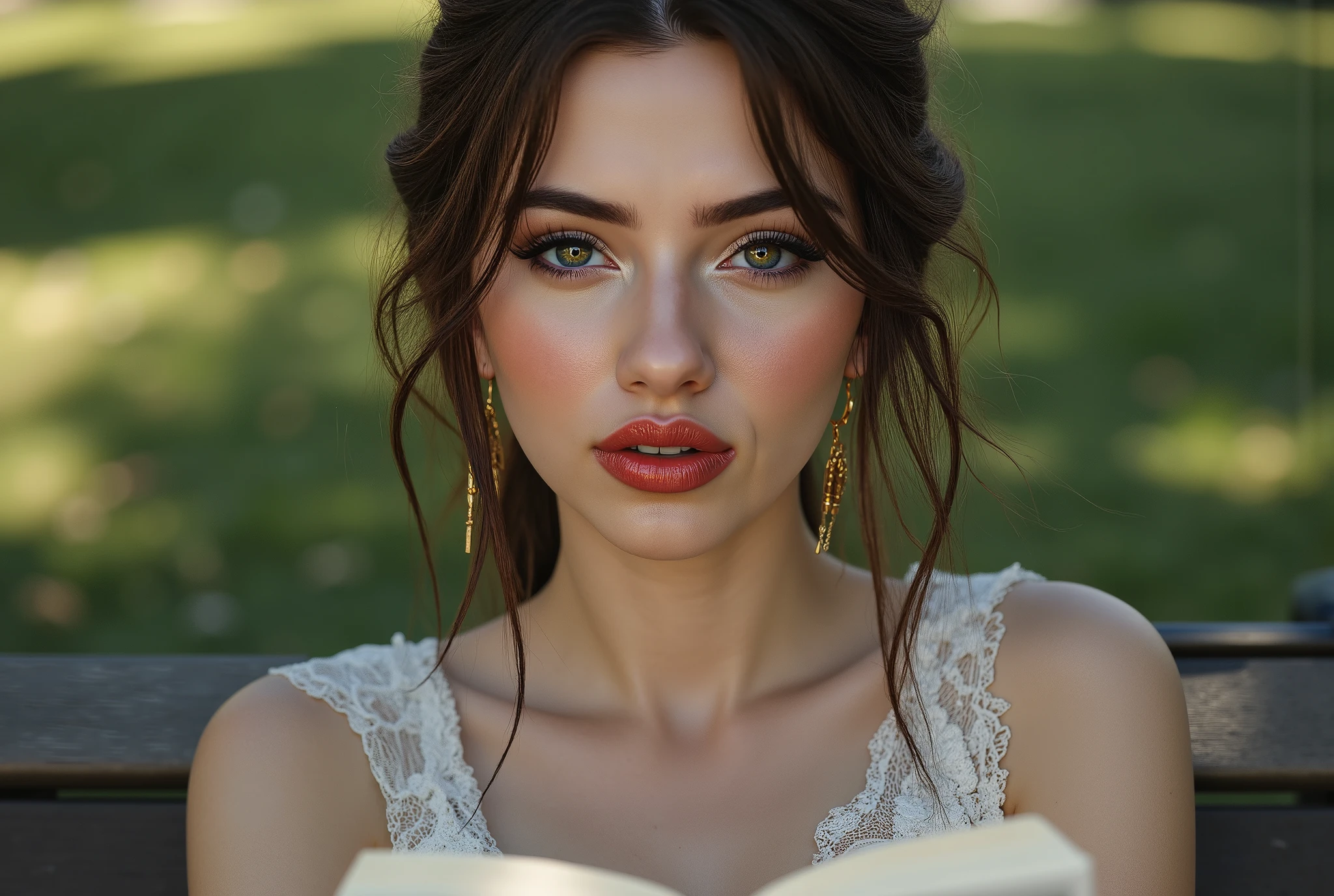 Realistic ((Photorealistic realism)), Hyper high resolution, ((Hyper insanel quality, epice masterciece, intricately detailed digital art)),((focus on extremely Realistic Proportion Body:1.3),"Portrait of {a woman, wearing a dress, sits on a park bench, reading a book}."(ultra realistic texture details: velvety skin, hair), ((sharp focus, no blurry eyes, Hyper absurd quality, Hyper details, Hyper realistic brown_eyes:1.4)),((extra narrow eyebrows)),(Carefully draw Long blue_mascara:1.12),(perfect round eyes), (finely detailed pupils, (extremely fine details pupils)), detailed lips:1.3, (apply glossy red_lipstick:1.23), (perfect proportions:1.2), ((White tight Dress made of lace fishnet:1.22), (Dolce & Gabbana, Floral style:1.23)), (elegant fashion, intricate details:1.2), ((clothes made of silk and flower), (Wearing tight fitting dresses)), ((Ruffled Black Gothic Skirt) (Intricately details multi-layer, lace with fishnets:1.25), (golden lace-up:1.33)), dslr, high quality split lighting, sharp focus captured by Fujifilm XT3, f 5.6,(perfect composition),((look at the viewer)), HDR, UHD, studio lighting, physically-based rendering, vivid colors,