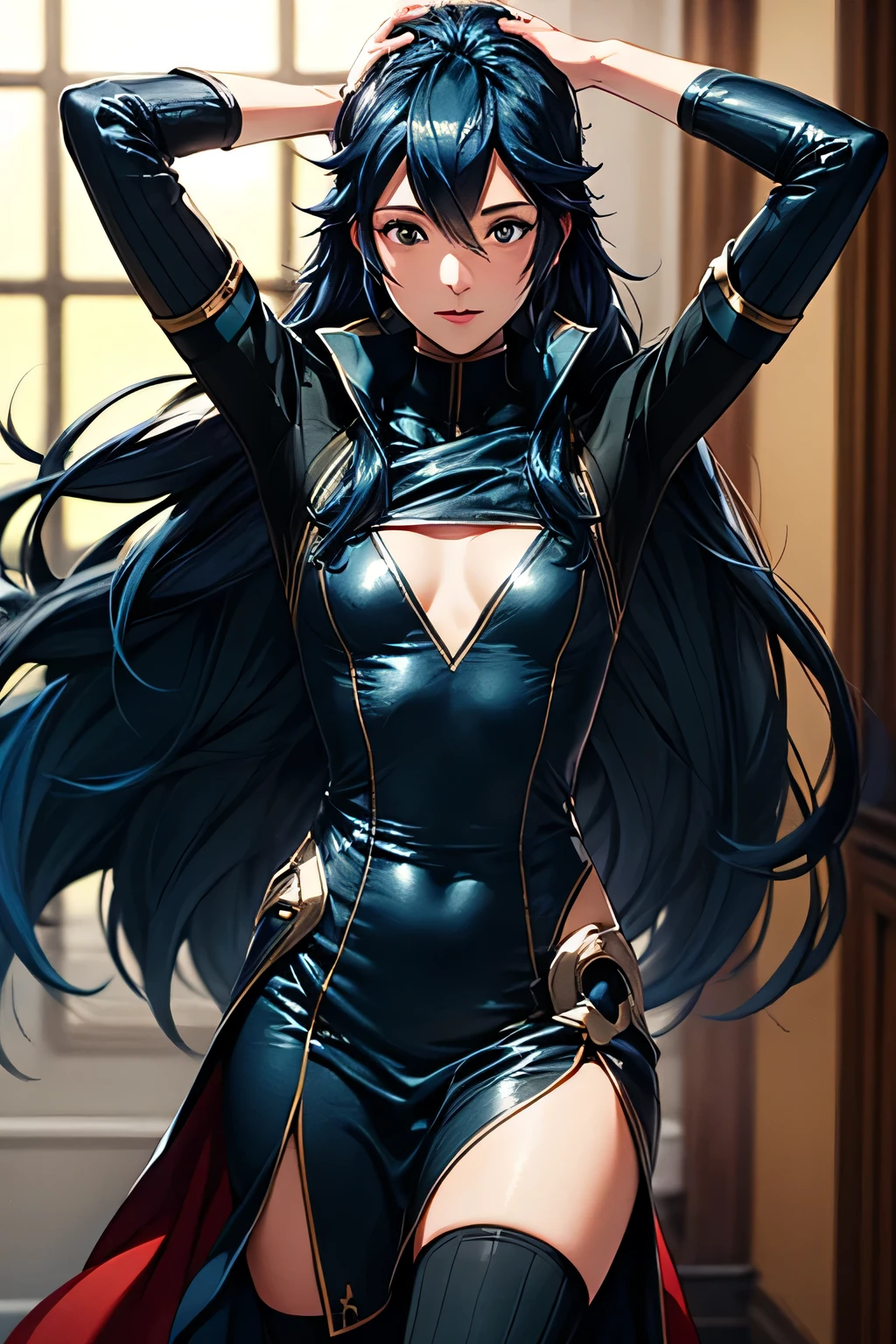 perfect anatomy top quality, highest resolution,((( Shiny Outfit shiny dark blue hair long hair flat chest))) Lucina Fire Emblem Awakening