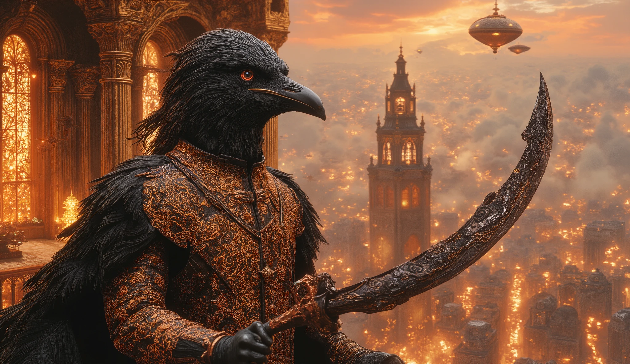 In the heart of a floating, golden citadel above a sky set ablaze with a crimson sunset, a regal raven-headed emperor with the body of a war-hardened general surveys his kingdom from an ornate marble balcony. His deep violet eyes gleam with ancient wisdom, and his midnight-black feathers shimmer under the dying light. His human arms, encased in dark ceremonial armor engraved with celestial symbols, rest atop a curved obsidian blade dripping with the molten blood of a fallen enemy. Behind him, towering stained-glass windows depict his conquests, illuminated by the glow of floating lanterns that drift like souls. The wind carries the echo of distant trumpets, and airships prowl the heavens like silent predators. Hyperrealistic, 8K, cinematic lighting, photorealistic