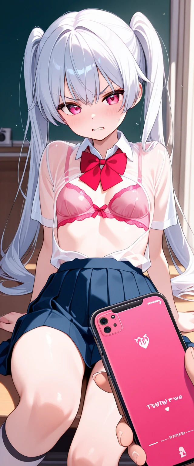 NSFW,(uraaka),Selfie on iphone with mirror, hiding face with hand to avoid identification,(1 girl),schoolgirl,Cozy bedroom with a cute clock on the wall.Cute and sexy panties,,(((masterpiece))), (((best quality))), ((ultra-detailed)), (illustration),Black surgical mask,(yamanosusume)((grin))