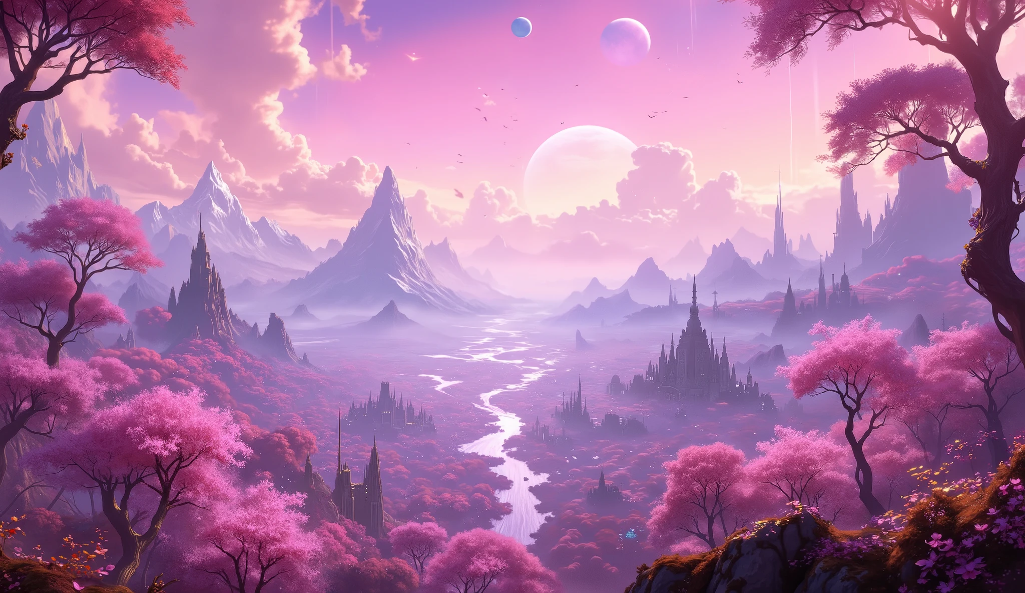 A digital painting,  illustration of a fantasy mountain, a fantasy forest full of cherry blossom petals, a beautiful city, Pink sky, Iridescent,  A planet in the sky ,  beautiful stars:: , pastel pink palette ,  focus on the mountain ,  detailed city , The awe-inspiring planet ,  Beautiful cherry blossoms ,  hyper detailed ,  sharp attention to detail ,  perspective,  superb minimalism , 32k
