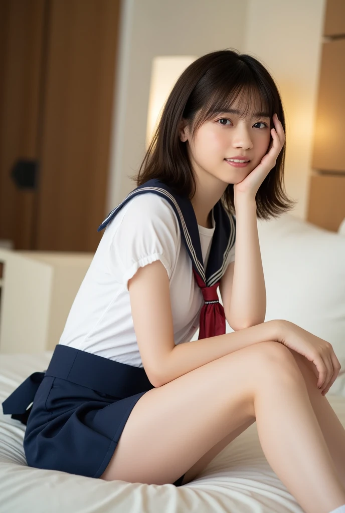 (extremely details CG、Unity、8K Wallpapers)、(extremely delicate and beautiful)、(​masterpiece)、(top-quality:1.0)、(超A high resolution:1.0)、beautiful  lighting、perfect lightning bolt、realistic shadow、[hight resolution]、Detailed skin、ultra-detailliert、detailed faces and eyes、Realistic eyes、Sharp pupils、cowboy  shot, Inside the classroom、Schools、Evening glow、beauitful face、blurry backround、16-year-old beautiful girl、shinny skin、Side Up、Beautiful black hair、Blunt bangs、black eyes、a sailor suit、Pleated miniskirt、Curve、Sitting on a desk、(Opening legs、You can see light panties.:1.2)、Smile with open mouth、Looks happy