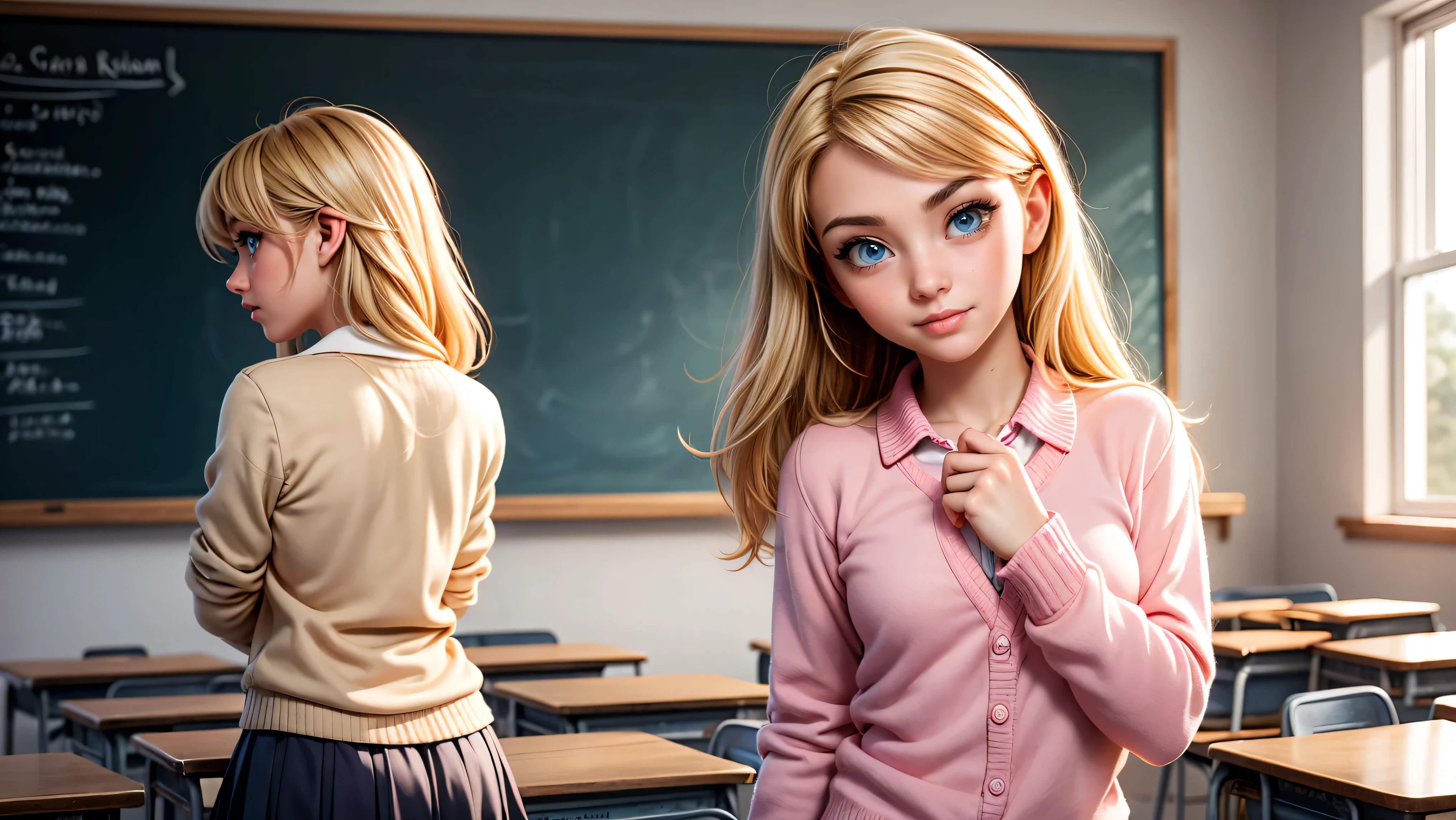 1girl, solo, single girl, young girl, Standing in a classroom, Cute blonde girl wearing revealing pink high-school uniform in classroom, sexy, petite, blue eyes, popular girl, standing in front of the chalkboard, 