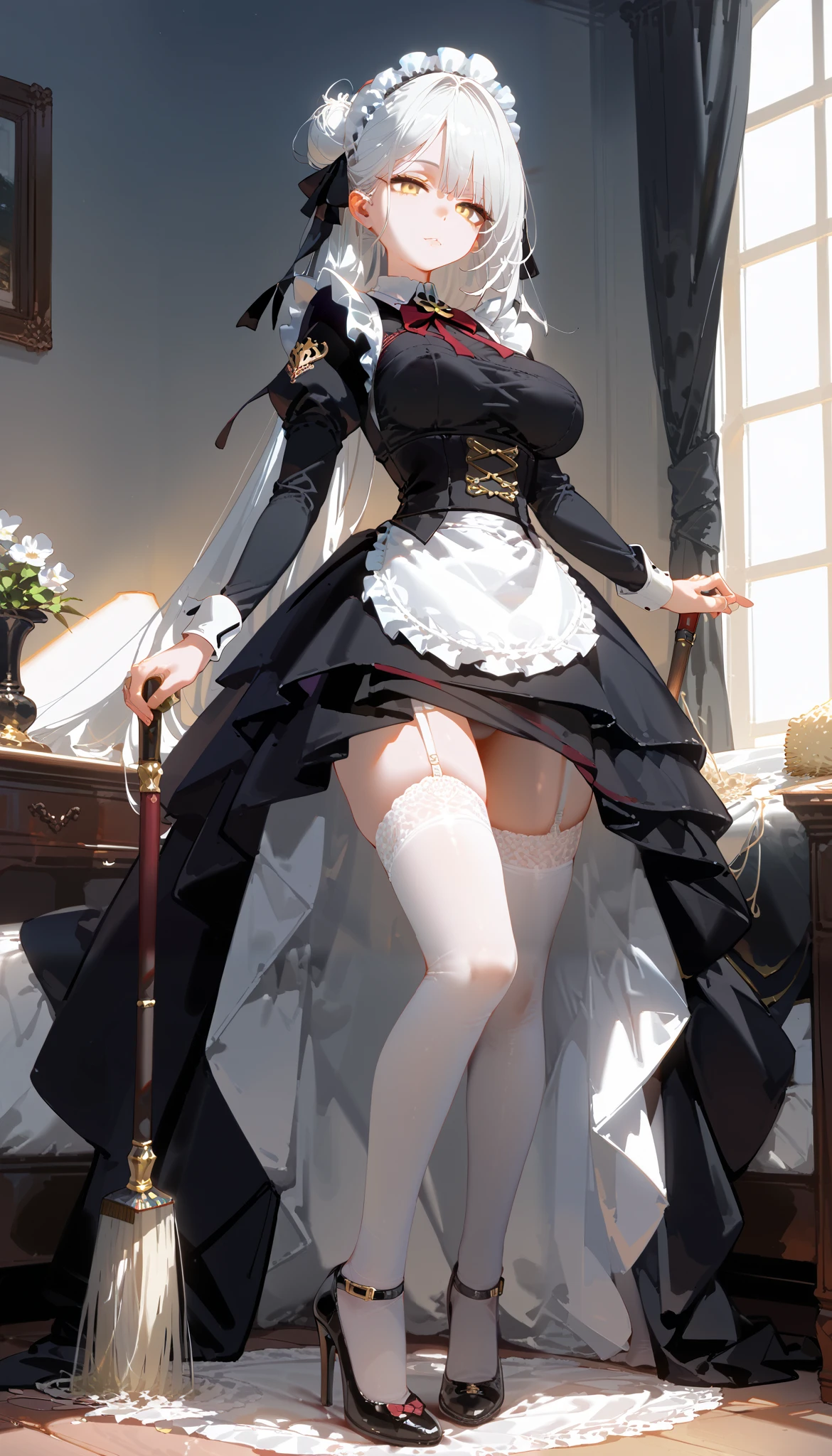 Adult women, Solitary, Weaving, twin Weavings, breast, High Ponytail, large breast, (Long hair), (Grayfia Lucifuge dxd),
Wrist sleeves, apron, Ribbon, Puff sleeves,maid, maid headdress, Long skirt,
standing Sexy, Sexy, fit, Plump buttocks, Expression, Long legs, Extremely excited,
(masterpiece:1.2), (Intricate details:1.2), (best quality:1.1), (Extremely detailed), (8K, 4K), (Practical:1.6), ((full-body shot:1.5)), (Very detailed:1.2), (Delicate face:1.2), (Delicate eyes:1.2), (Detailed background), (Dynamic poses:1.4), Obvious feminine features, beautiful,
