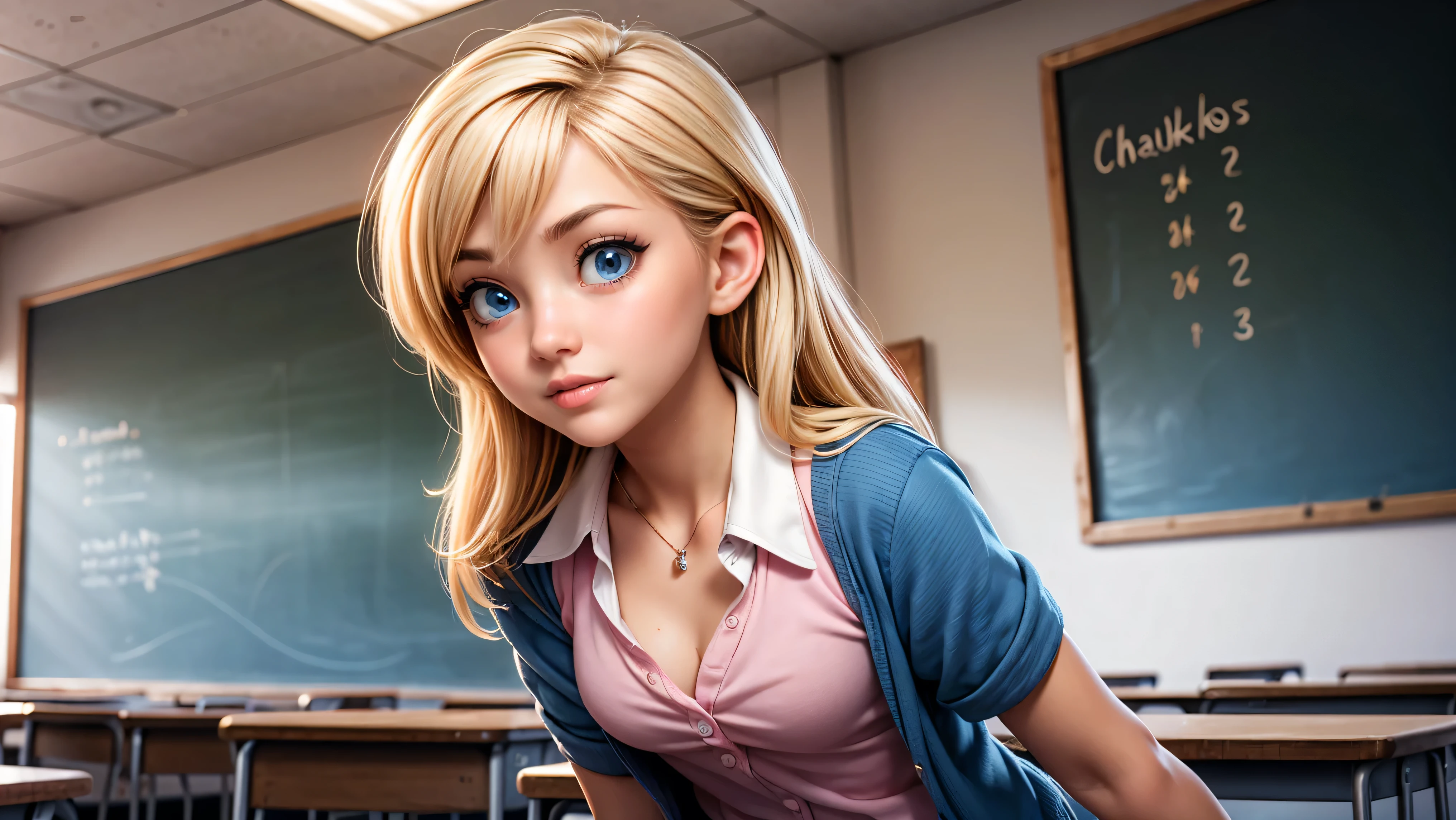 1girl, solo, single girl, young girl, Standing in a classroom, Cute blonde girl wearing revealing pink high-school uniform in classroom, sexy, petite, blue eyes, popular girl, standing in front of the chalkboard, 