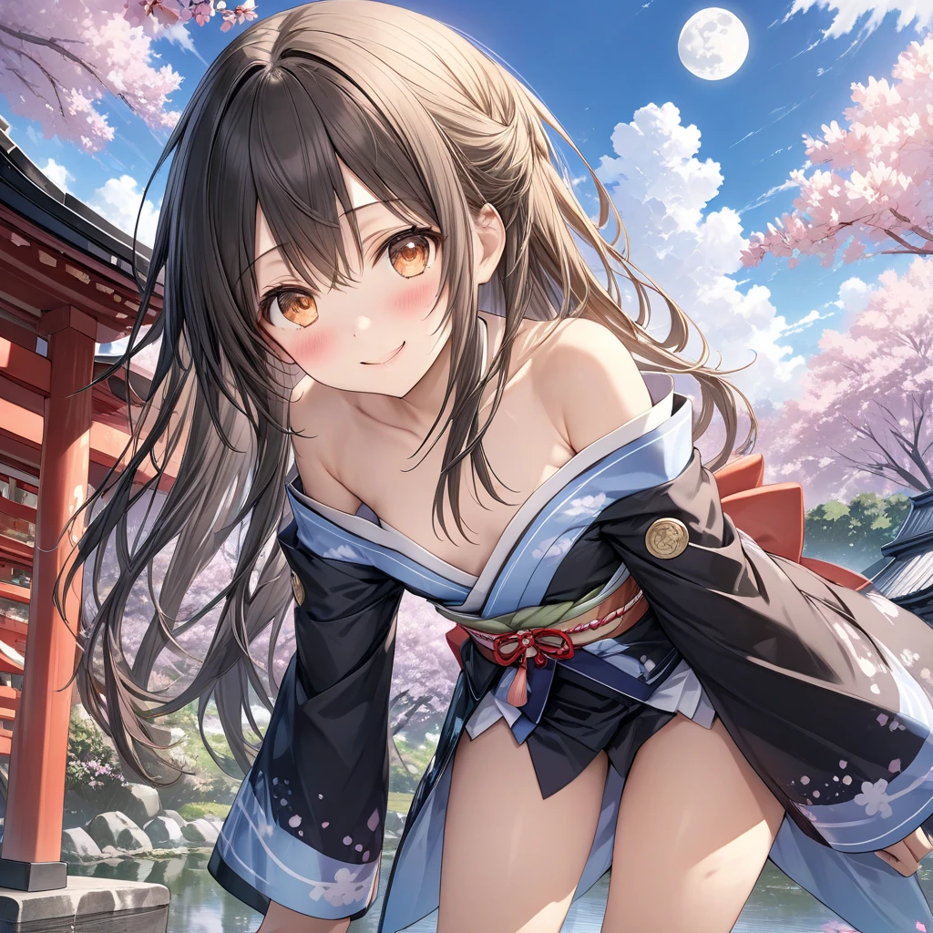 masterpiece, best quality, cowboy shot, sitting, arm support, looking at viewer, 1girl, solo, (petite:1.7), (oni:1.2), oni horns, black hair, short hair, light smile, red eyes, medium breasts, tube top, (purple:1.2) short kimono, (print kimono), hadanugi dousa, side slit , sash, shiny skin, game CG, (storm, lightning:1.2), lake, rock, mountain,