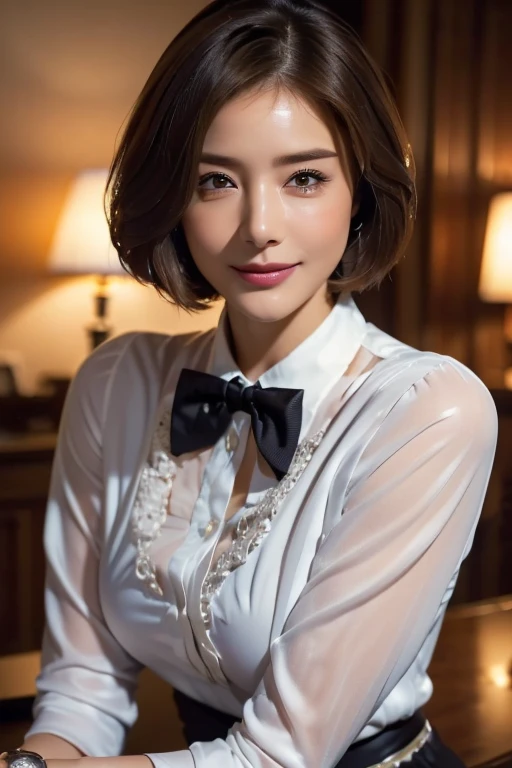 ((masterpiece)), ((Highest quality)), ((Complex)), ((Surreal)), (Realistic), (Mature Woman), ((There are no classes)), Very detailed, (1 female), Beautiful and exquisite, (Beautiful Teeth), Grin, Brunette Bob Hair, Brown eyes, ((blouse)), (Upper Body), (background:none), Perfect Eyes, Captivating eyes, Looking at the audience