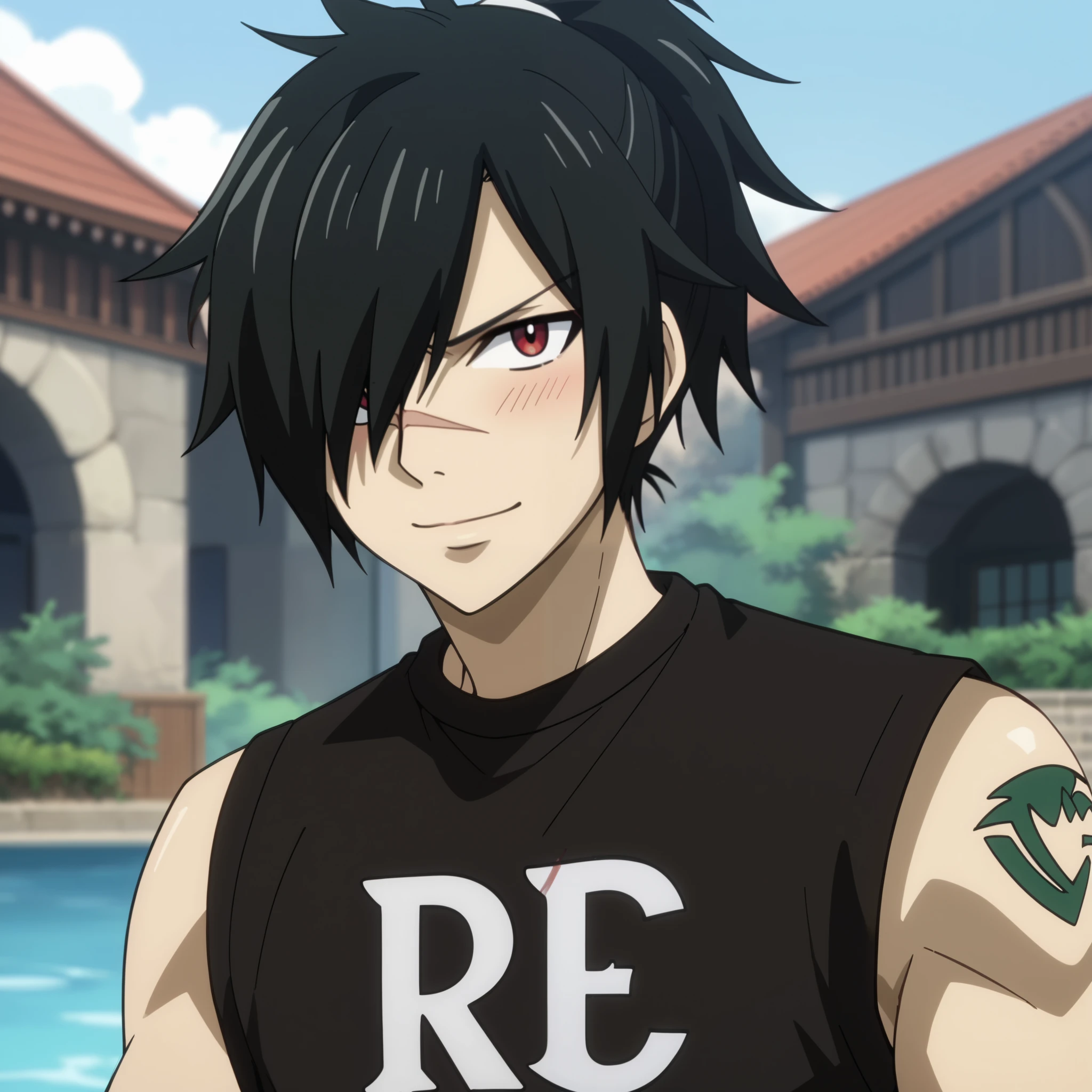 score_9, score_8_up, score_7_up, intricate details, anime screencap, depth of field, 1boy, solo, male focus, rogue_cheney, ponytail, black hair, red eyes,, hair over one eye, scar, ((black men's shorts, sleeveless t-shirt, closed mouth smile, blush)) in aquatic park, detailed face, front view, Frontal portrait, close-up, looking at viewer, sky background with soft shadows, soft blue lighting highlighting his features, high-quality anime details, vivid colors, official style