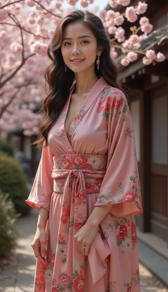 araffe woman in a pink floral shawl standing outside, wearing pink floral chiton, wearing pink floral gown, pale pink and gold kimono, pale and coloured kimono, kimono robe detailed toggles, pastel pink robes, draped in pink and green robes, wearing a silk kurta, white and pink cloth, wearing floral chiton, wearing a luxurious silk robe