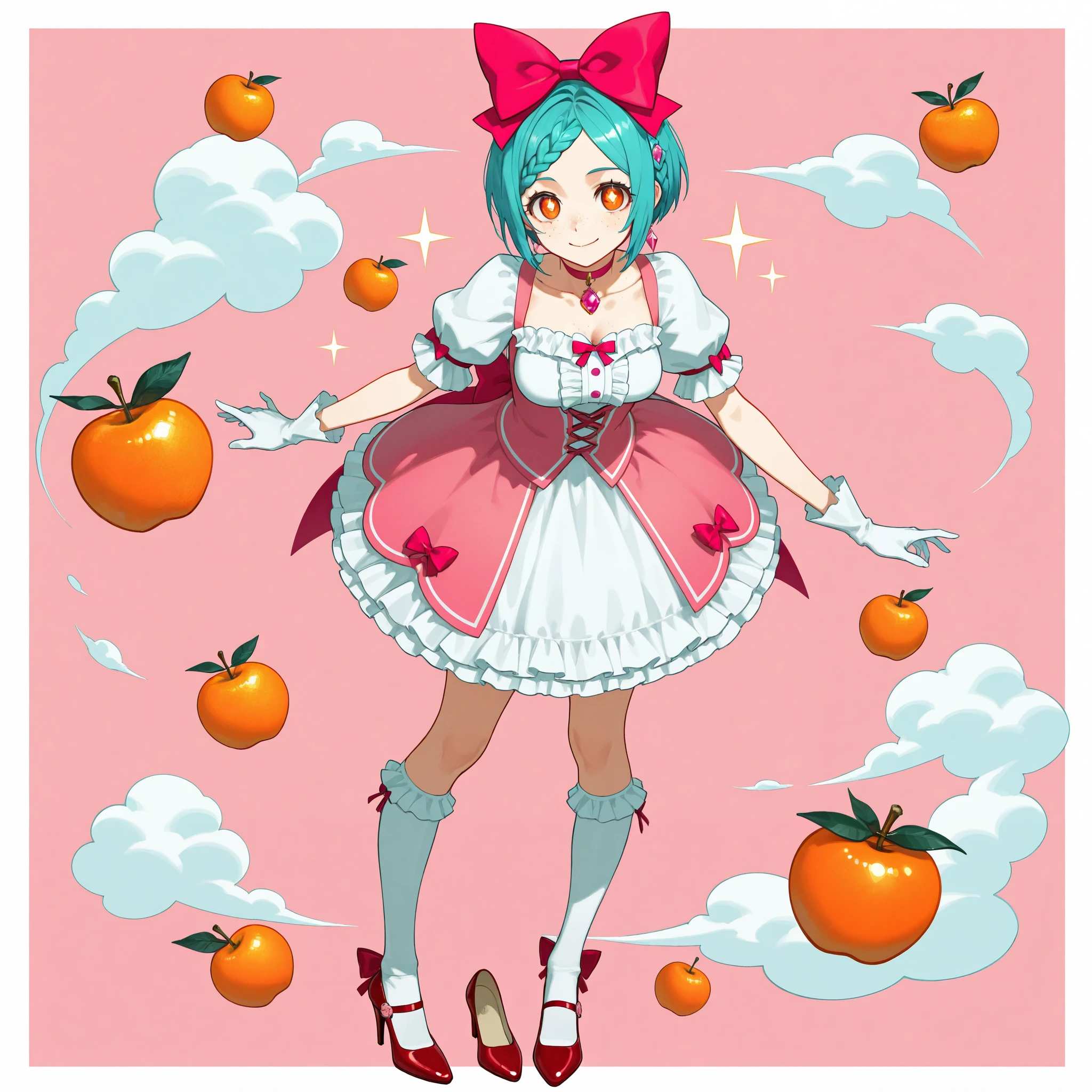 penis_on_face, solo, 8k, aqua hair, short hair, braided_bangs_(hairstyle), calm, BREAK, orange eyes, toothy_smile, freckles, medium breasts, gentle_smile, BREAK, 1girl abstract_background border bow bright_pupils bubble_skirt buttons center_frills chest_jewel choker closed_mouth cloud collarbone cross-laced_shoes dress eyelashes food footwear_bow frilled_dress frilled_skirt frilled_sleeves frilled_socks frills fruit full_body gloves hair_bow happy high_heels kneehighs knees looking_at_viewer magical_girl miniskirt outside_border pink_background pink_bow pink_choker pink_dress pink_gemstone puffy_short_sleeves puffy_sleeves pumps red_bow red_shoes short_dress short_hair short_sleeves skirt skirt_under_dress smile socks solo sparkle square_neckline standing tareme waist_bow white_border white_gloves white_skirt white_sleeves white_socks