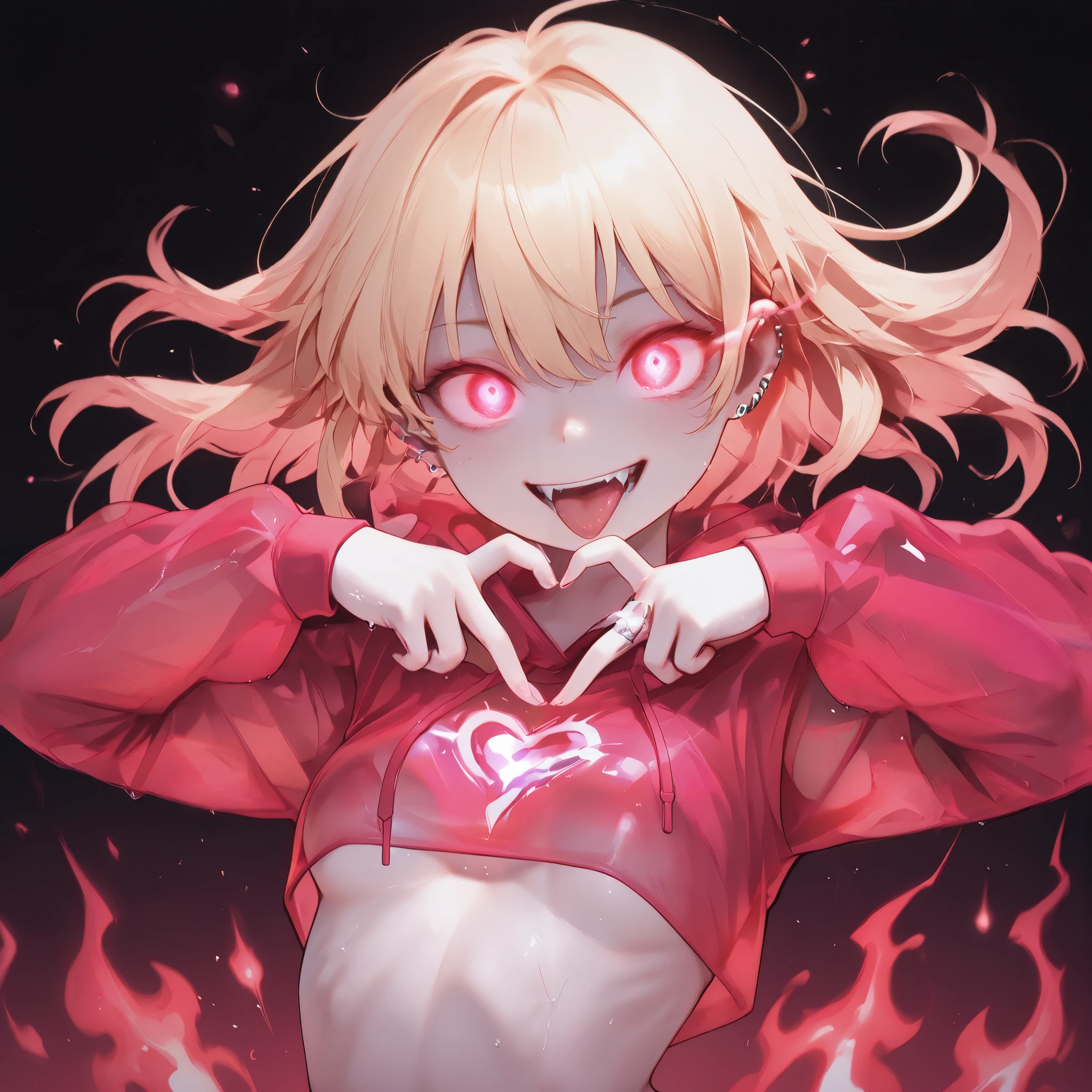 (ultra detailed), (masterpiece), (best quality), (depth of field), (sharp focus), (cinematic lighting), (vibrant pink), 1, crazy smile, fangs, tongue out, deep eyes, goth style, pink makeup, neon pink tattoos, silver piercings, psychotic, psycho, A dark lighted anime woman, sexy cropped hoodie, pink clothing, pale skin, blonde girl, (blonde hair), ((translucent hoodie)), transparent hoodie, sexy body, small breasts, sweaty body, making heart symbol with hands, heart shaped symbols, heart-shaped pupils, heart particles, sexy girl, with bright pink eyes, glowing pink eyes, deep set eyes, bright hair, lots of pink energy, psycho smile, ((pink flames are in the background)), sharp teeth, sexy pose, (((pink gradient background: 1.4))), energy, energetic, Phonk, Brazilian Phonk, Simple Design, Simplified --s 100 --niji 5 --ar 1:1 ,phnk, 1girl, dark background, silhouette, glowing eyes, aura, phnk, 1girl, black background, silhouette, floating hair, blank eyes, looking at viewer,{{crazy smile, sadistic smile, closed teeth}}, ((empty eyes)), {{glowing eyes, glowing particles, glow}}, ,hauntedglow, glowing eyes,traditional media, realistic, (glowing eye trail),