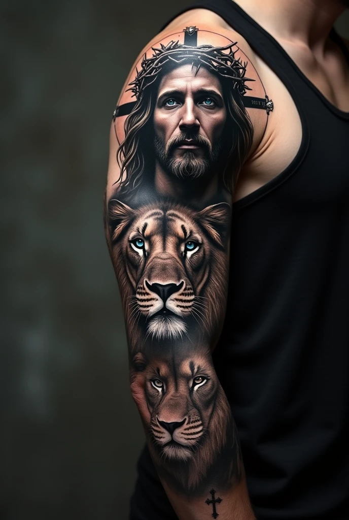 Create a tattoo image for a dark skin-colored male arm where from the shoulder to the hand there is a large angel and a lion as the main idea in black and white 