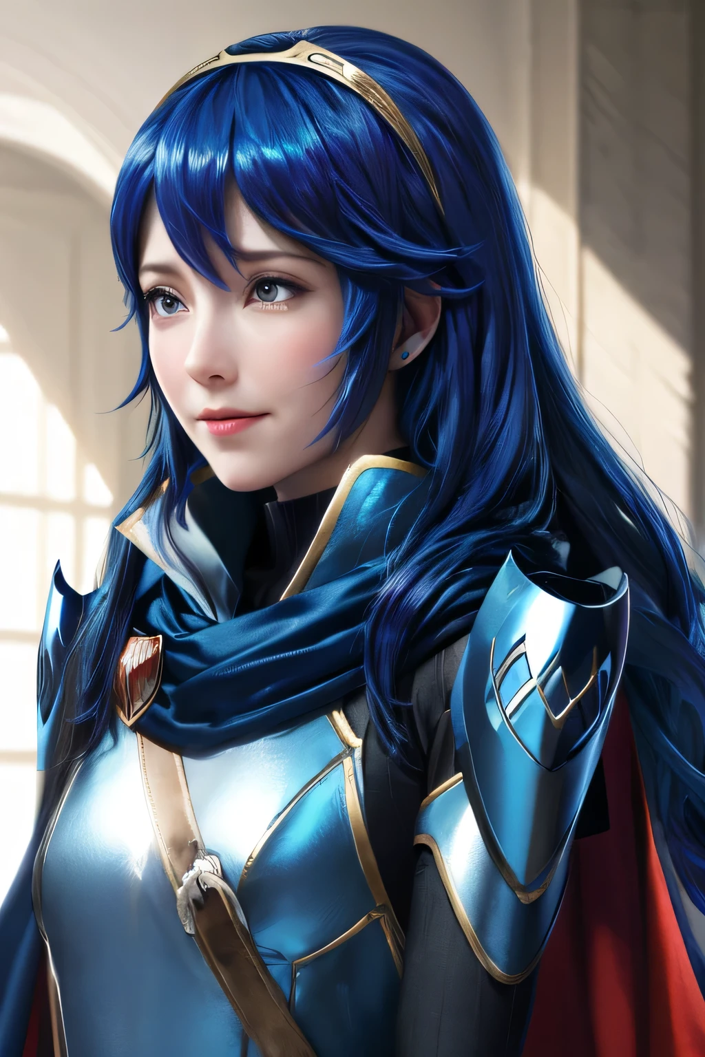 perfect anatomy top quality, highest resolution,((( shiny armor Cape shiny blue hair long hair))) Lucina Fire Emblem Awakening flat chest