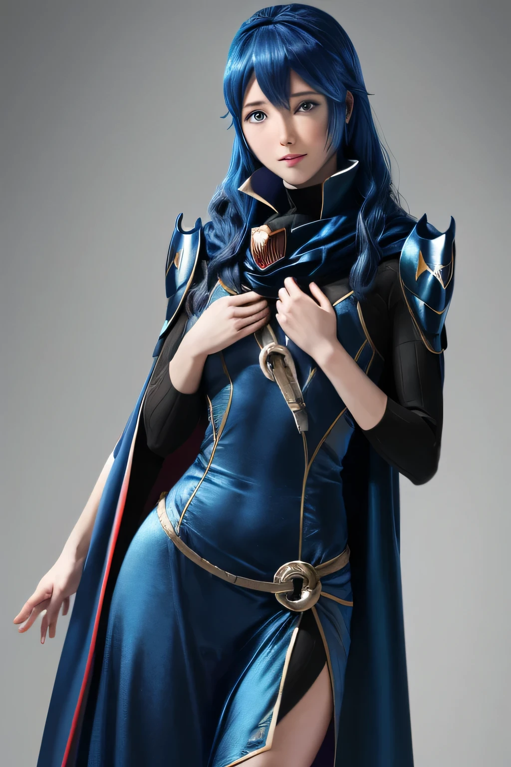 fantasy,1girl umi ryuuzaki hairband headgear, long straight hair, long silky bangs, blue armor shoulder armor blue cape elbow gloves leotard white thighhighs,cameltoe,masterpiece,Noise Reduction,perfect anatomy,high resolution, ultra-detailed,game cg,dutch angle ,beautiful detailed eyes,visualart,five fingers, perfect hands, perfect lighting, nsfw, ((showing nipples)), The sea shining like a jewel, sun, beam of light