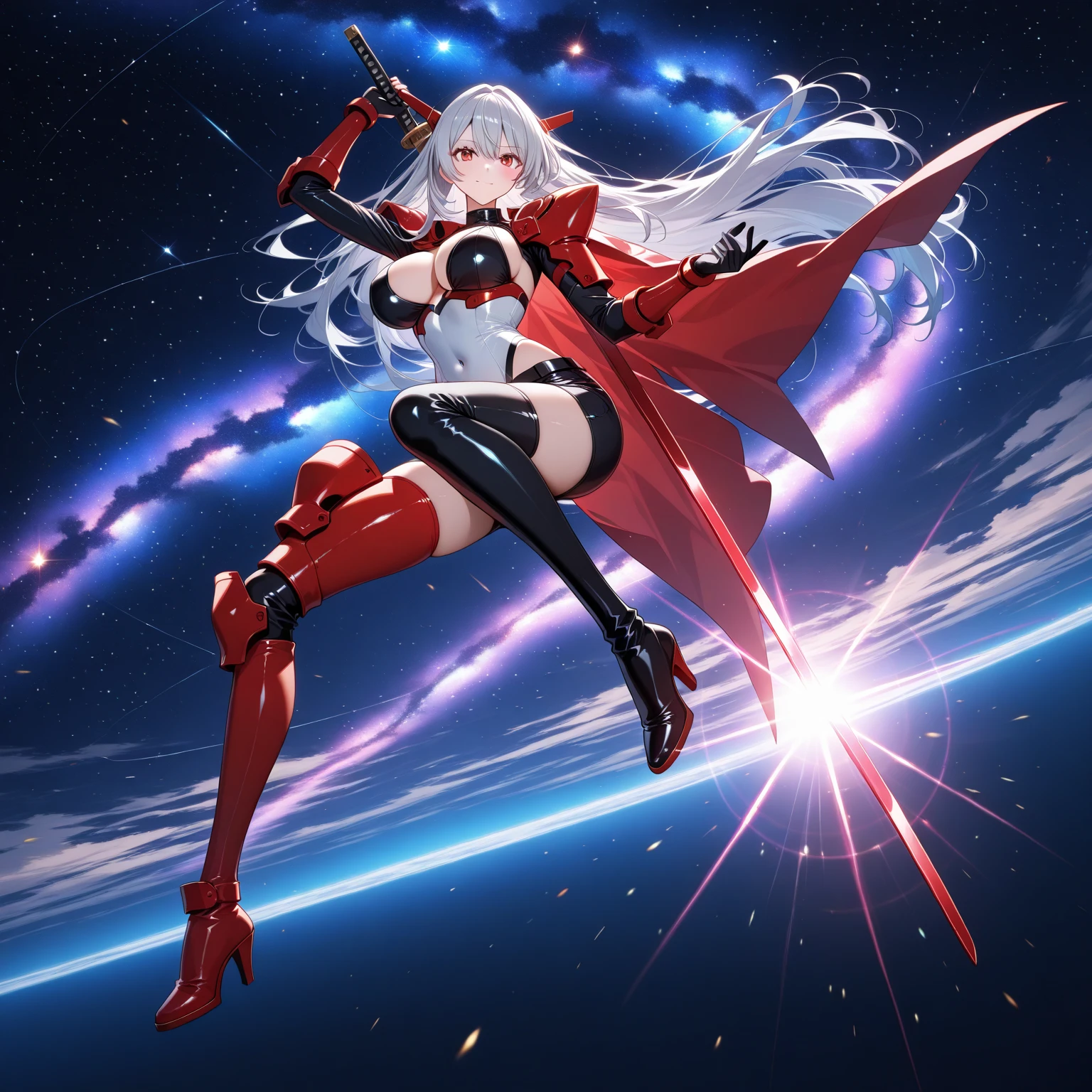 fantasy, 1devil_girl, low_teen, platina_blond_hair,long_bangs,, bare_shoulder, navel out, thighhighs,silver_armor, red_clothes,waist_armor, Glebe, hold_swords, large_breasts, dynamic_flying_pose,Floating,(pelvic_curtain:1.3), silver_Headgear ,looking_down_at_sunrise_city_sky_background,,slightly_spread_legs, some_swords,some_swords_floating_around_the_girl,solo,horn ,smile,,open_legs,open_arms,rise_knee,rise_leg,rise_thigh,rise_leg,forward_leaning_posture,apart_legs,fang,Shiny_gold_eyes,crotch
