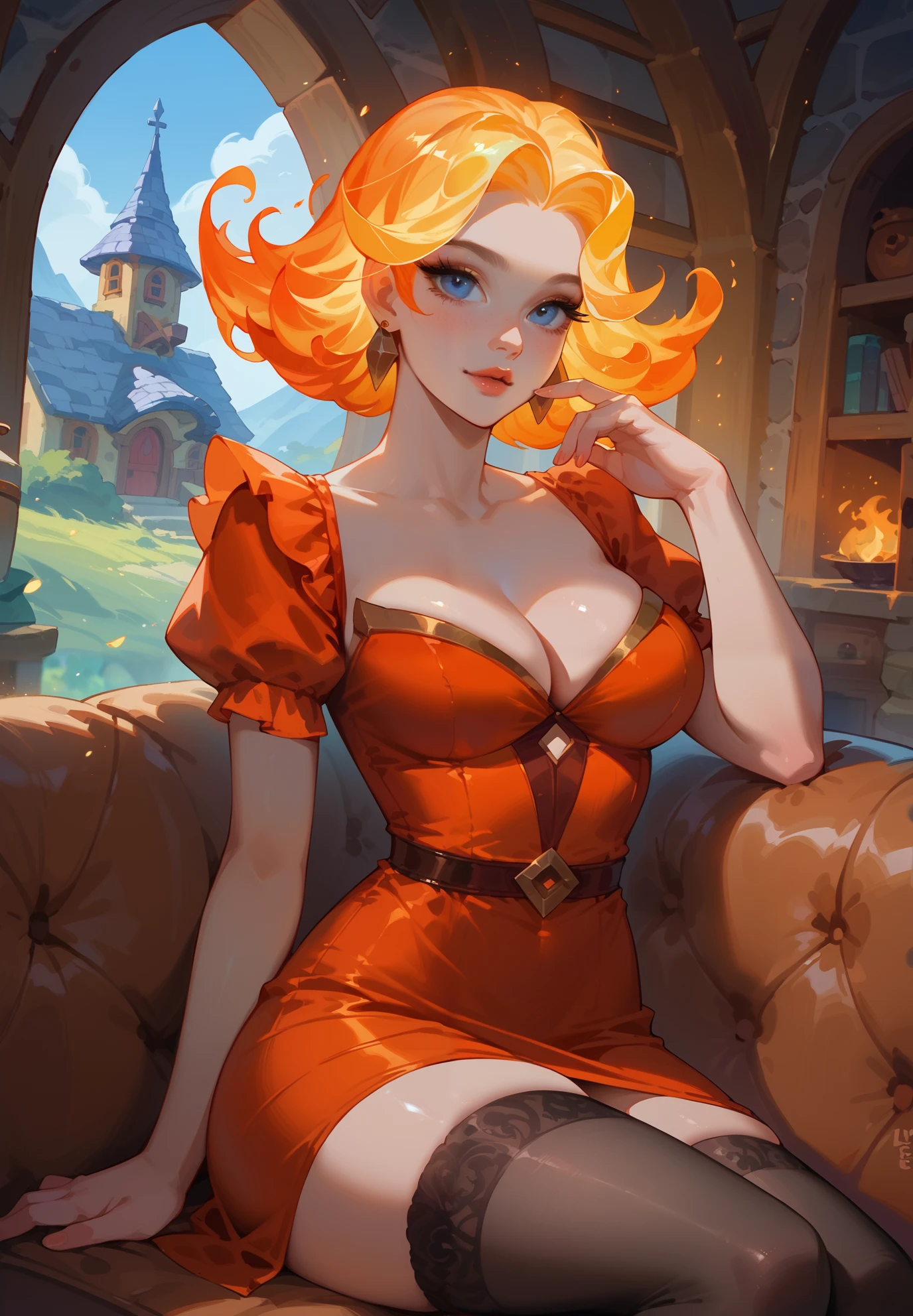 score_9, score_8_up, score_7_up, 1girl, Lina, Dota 2, flaming hair, fire-like hair, watery blue big eyes, satin red dress, cleavage, stockings, sitting on a couch, sexy pose, lustful, magic colors, mountain cottage, night time, cinematic lighting, 
