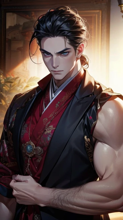 1 Middle aged man with black sclera and red iris wearing wuxia style clothes