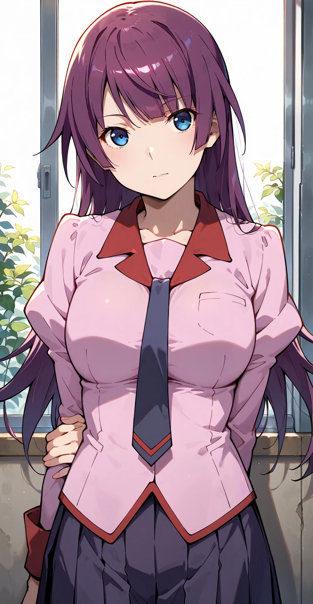 high resolution , best quality, amaging quality,
, Senjougahara Hitagi (bakemonogatari)、school uniform、Put your hand on your waist