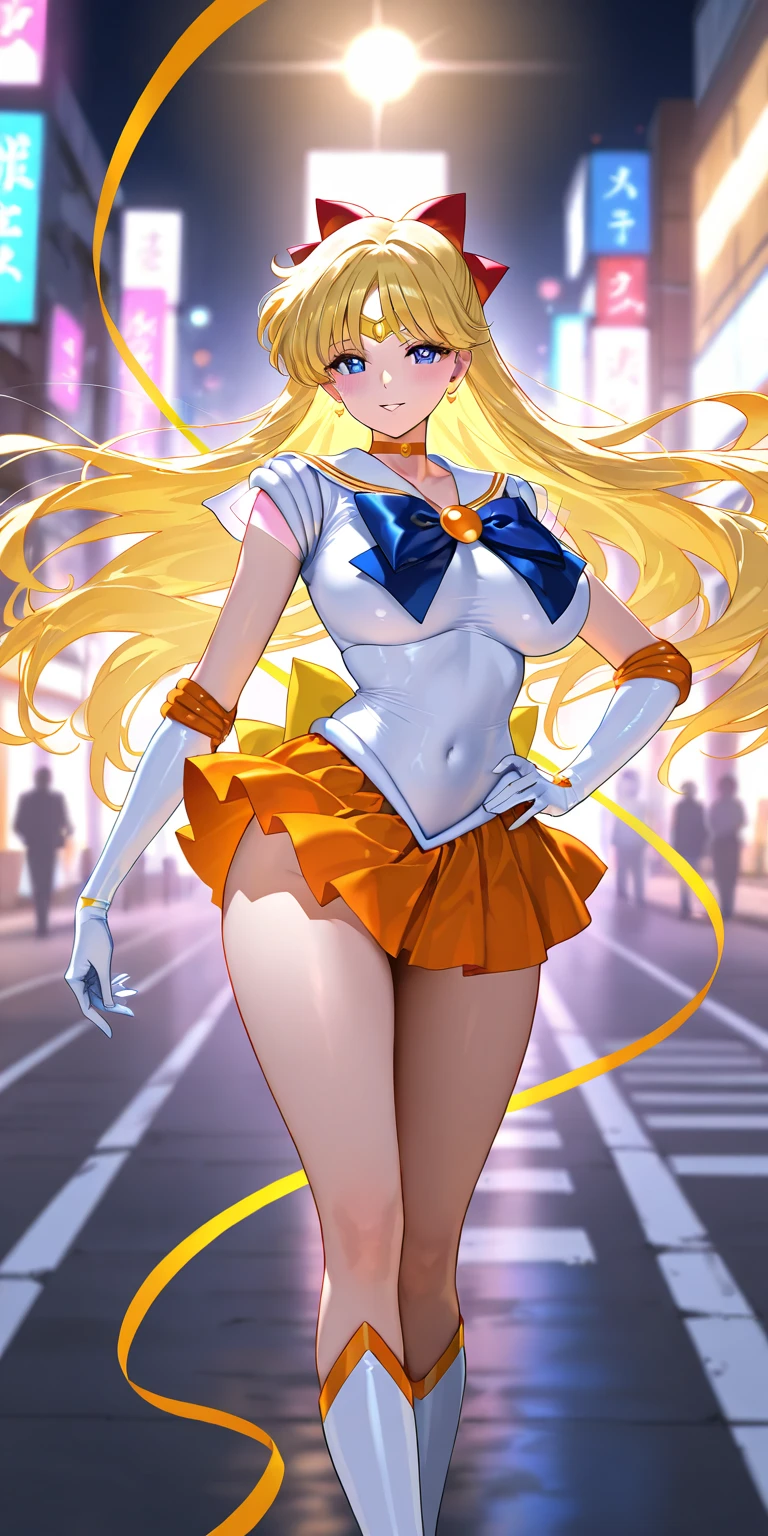 (High quality, 32k anime ultra HD, 1980s /(style/), retro art style, highly detailed, perfect anatomy, NSFW-14, uncensored), ((sailor moon, Tsukino Usagi, full nude)), 1 girl, solo, (blonde hair, short hair, twin tails, center parted bangs, hair blowing in the wind), (beautiful eye details), blue eyes, slightly open mouth, smiling, cowboy shot, (big breasts:1.3, realistic nipples, realistic areola), (hard breasts, beautiful breasts), slim waist:1.0, wide hips:1.2, big ass: 1.2,(Showing pussy, realistic, super detailed),(Dancing, fluttering, in the air, legs spread, in front of fountain),Looking at viewer,(Park background, night, big fountain, lighted street lamp, lamplight),(Front view, from below),core_9_up,score_8_up,score_7_up,score_6_up,