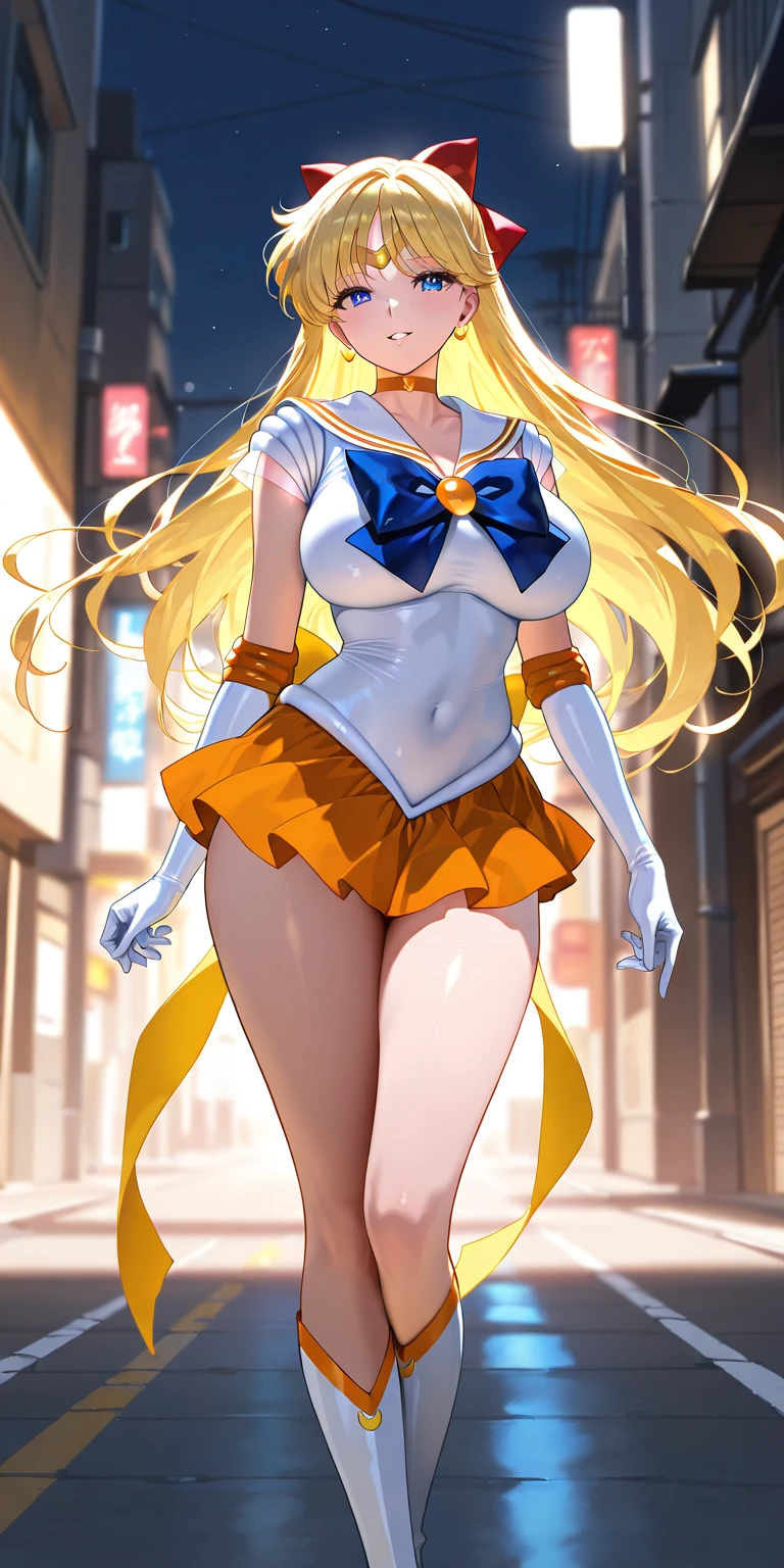 1boy and 1girl, Angle from the front, Angle from below:1.8, (Moonlit night)、(On the roof of a building)、thighs、(shiny White skin:1.6)、blue eyes, ((Slim figure)), (12 years old girl), (evil grin), (Shiny blonde hair)、Long hair, (forehead), Blue ribbon on chest, Big red ribbon, ((Sailor Venus))、Sailor suit、Orange pleated mini skirt、touching penis, ((kicking)), 1penis, under hair, scrotum、((eject cum)), (One leg raised)、((Amazon Position)), (The boy has his legs open)、