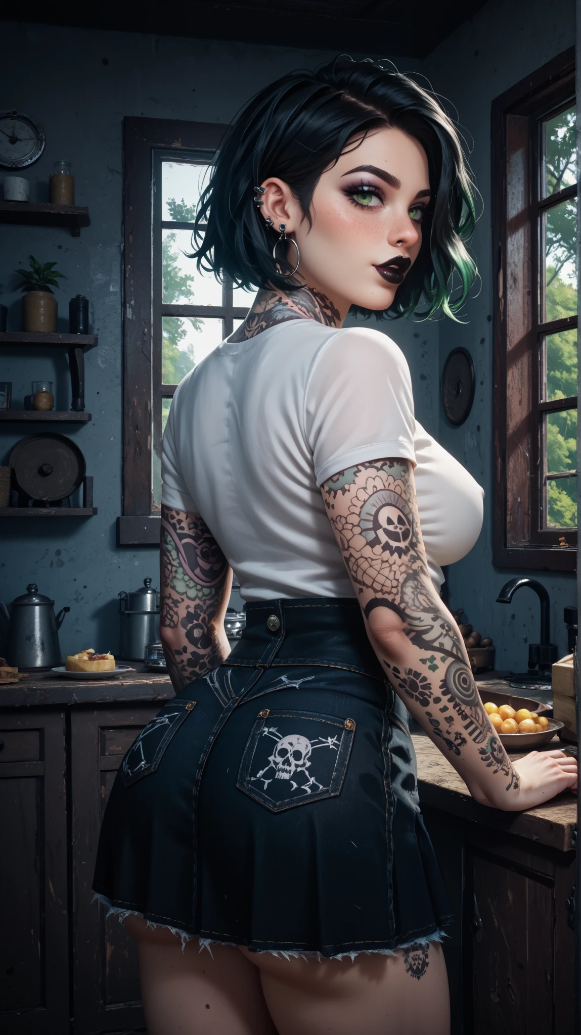 Gothic girl-farmer, 19 years old, perfect body, perfect figure, third-dimensional breasts, plump lips, green short hair, tattoos and piercings on her body, walks (back view) in Horror Farmhouse, dressed in a short denim skirt that emphasizes her figure in a high-quality and stylish way, and a white shirt